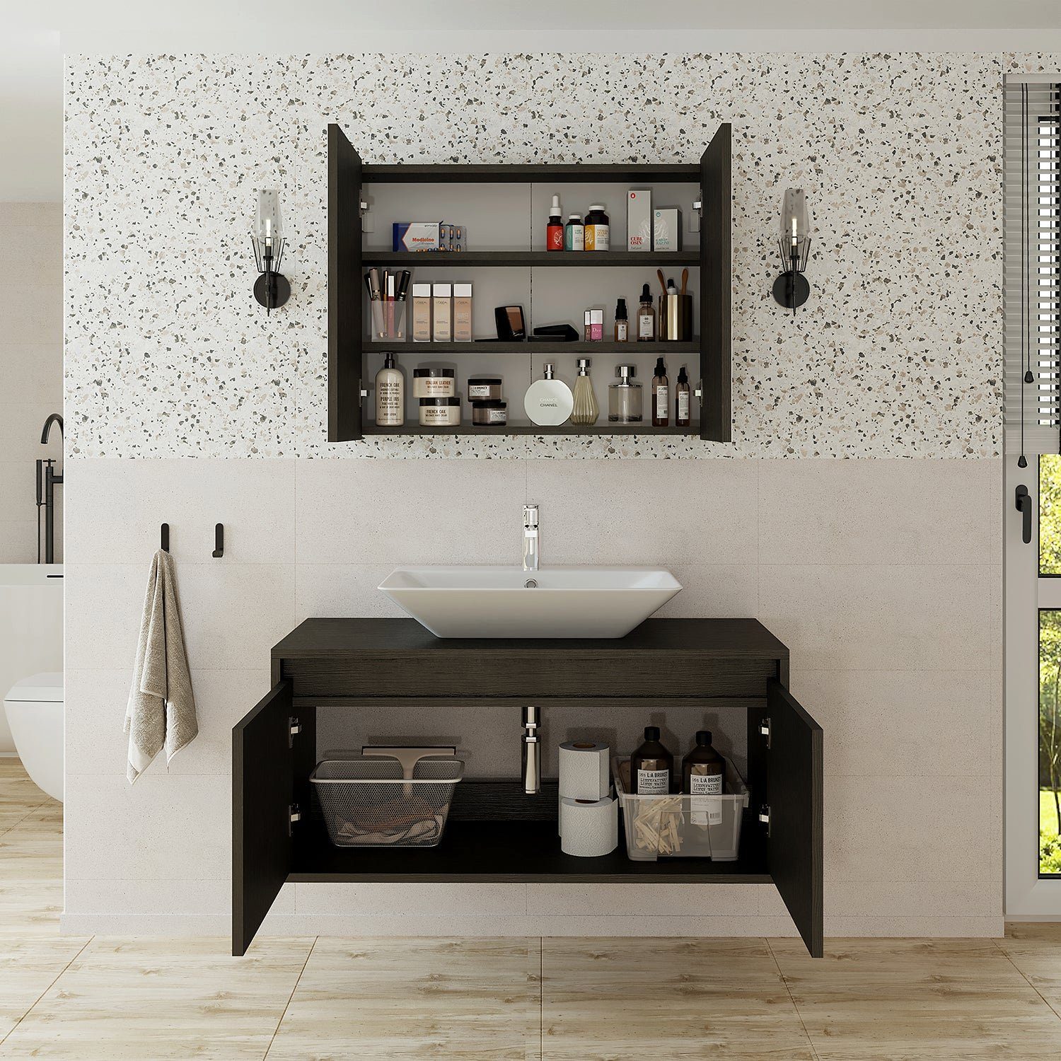 Roomart Badmöbel-Set, (Badmöbel Set 3-teilig 100cm Unterschrank mit Waschbecken Spiegelscrank)