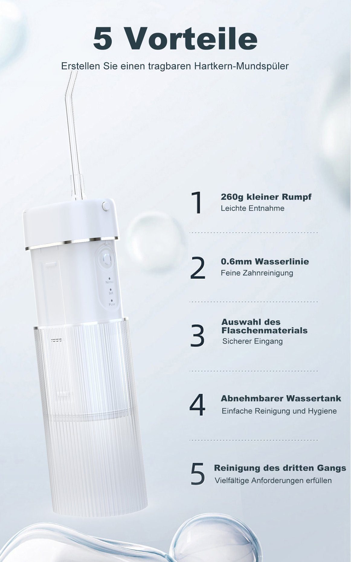 QTIYE Munddusche Elektrische Munddusche Kabellos Oral Wasser Flosser 3 Modi Mit-5 Düsen