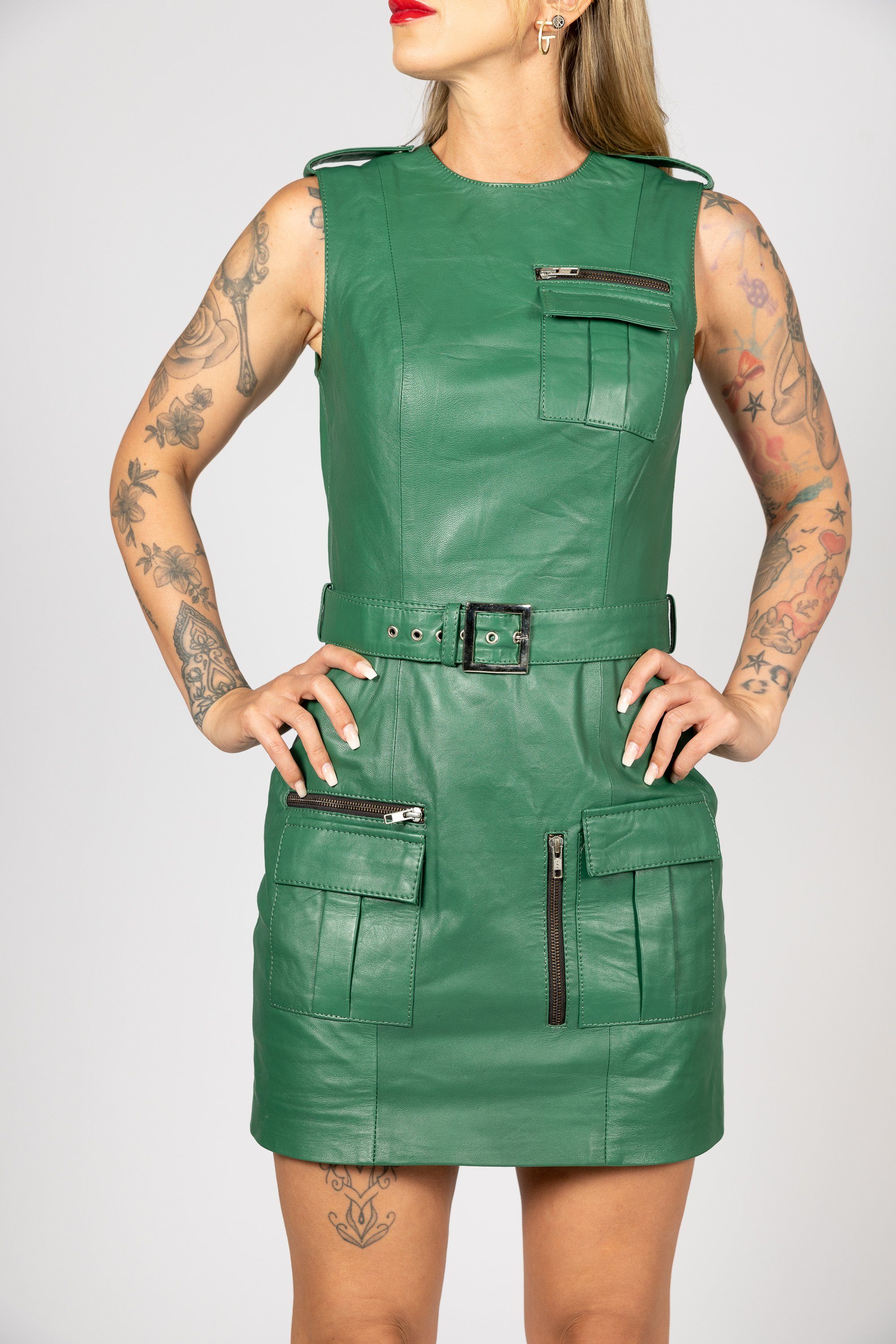 Be Noble Lederkleid Beverly Hills grün Sportliches grünes Lederkleid mit Cargotaschen aus Lammnappa