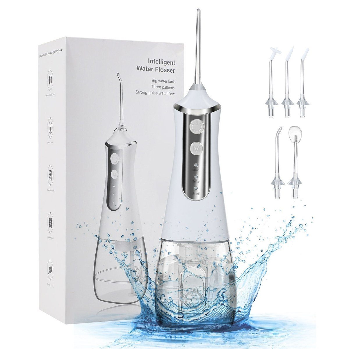flowgoer Munddusche Schnurlose Munddusche 300 ml 2000 mAh Wasserflosser, Zahndusche, Offener Wassertank für verbesserte Mundhygiene mit 5 Modi und 5 Düsen