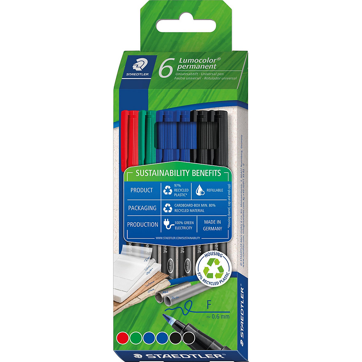 Lumocolor® Universalstifte permanent, F 0,6 mm, 6 Stifte in 4 Farben