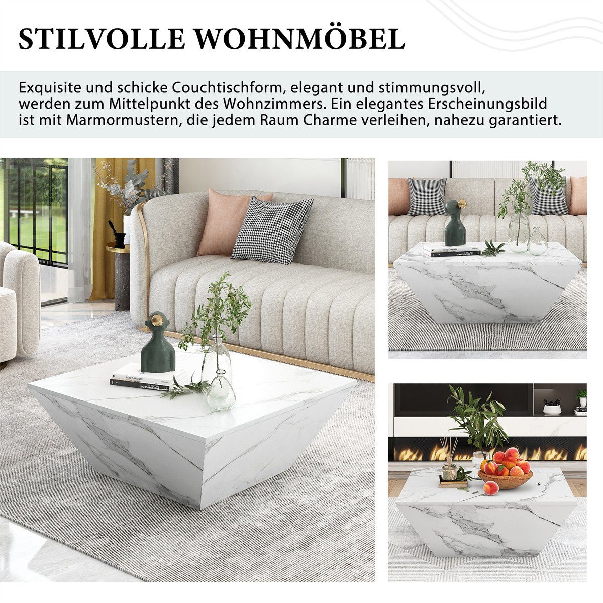 XDeer Couchtisch Moderner Trommel Couchtisch(weiß,70*70*37cm)Wohnzimmertisch, Trapezförmiger Kaffeetisch,Marmorfurnier Beistelltisch