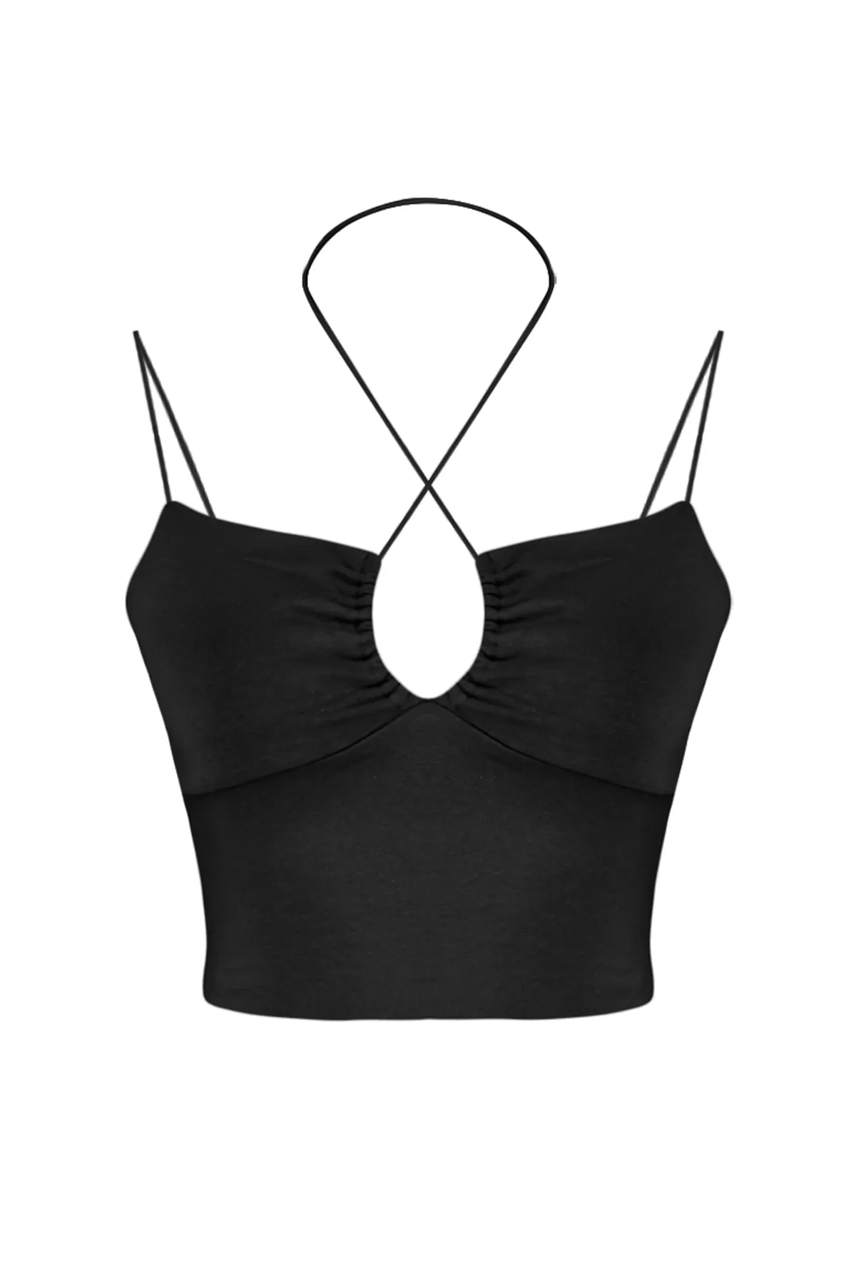 Trendyol Collection  Schwarzes Neckholder-Unterhemd mit Spaghettiträgern und dehnbarem Baumwoll-Strickmuster TWOSS23AL00046