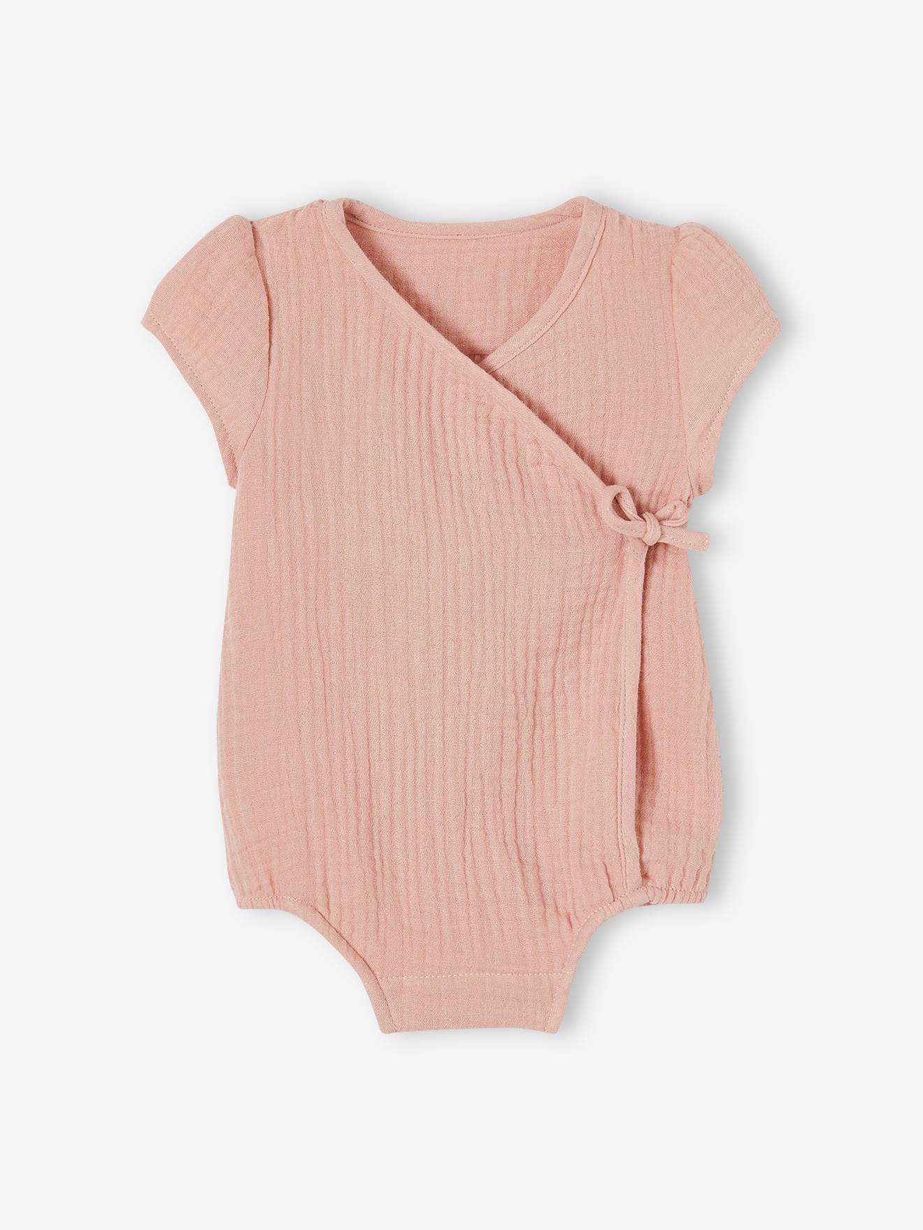 Body bébé personnalisable en gaze de coton ouverture naissance rose poudré
