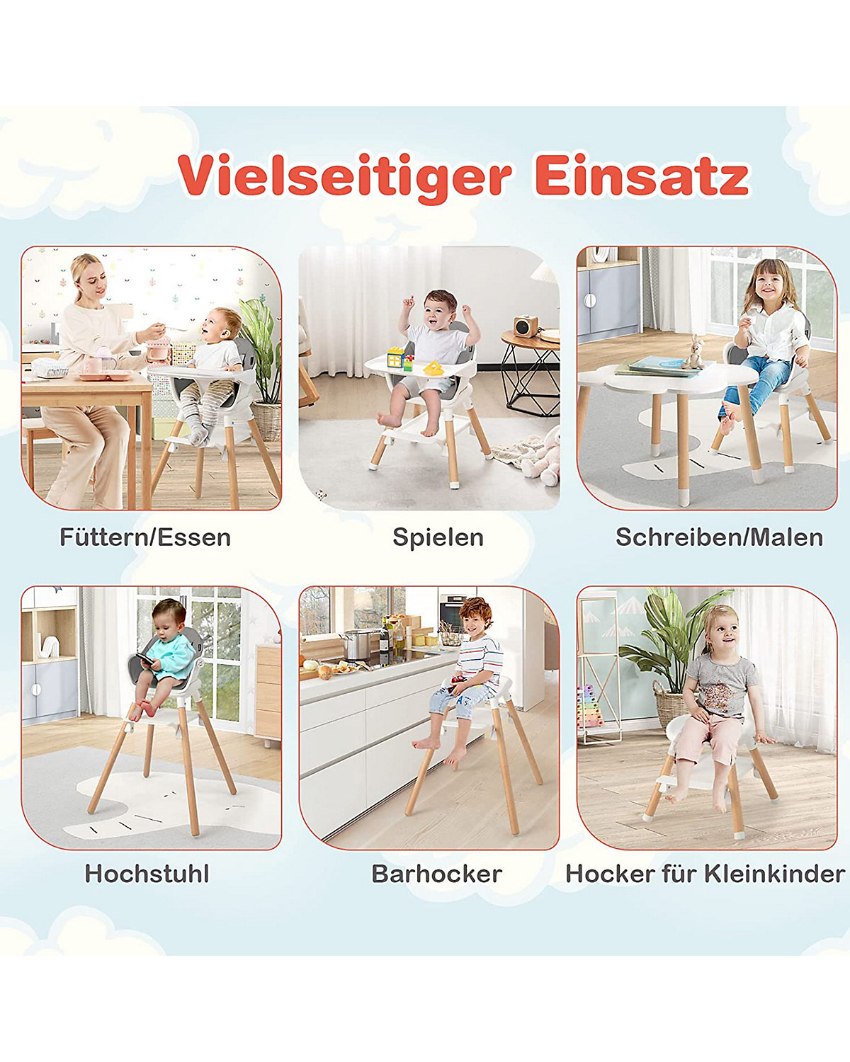 6 in 1 Hochstuhl mit Sitzkissen mit Tablett abnehmbar