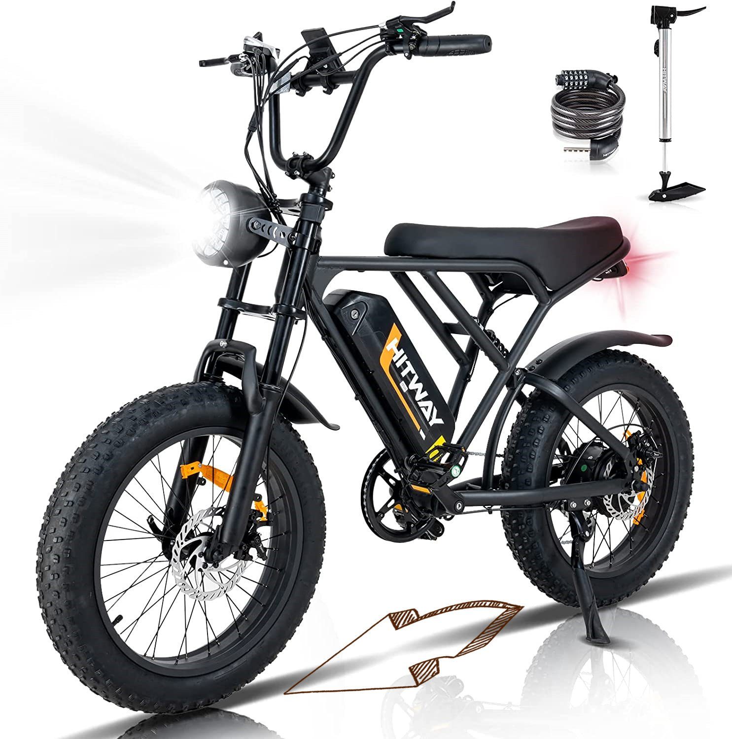 HITWAY E-Bike 20 Zoll 4.0 Fat Luftreifen 48V 15Ah Shimano 7 Gang zum,bis 55-80km, 7 Gang Shimano, Kettenschaltung, Heckmotor