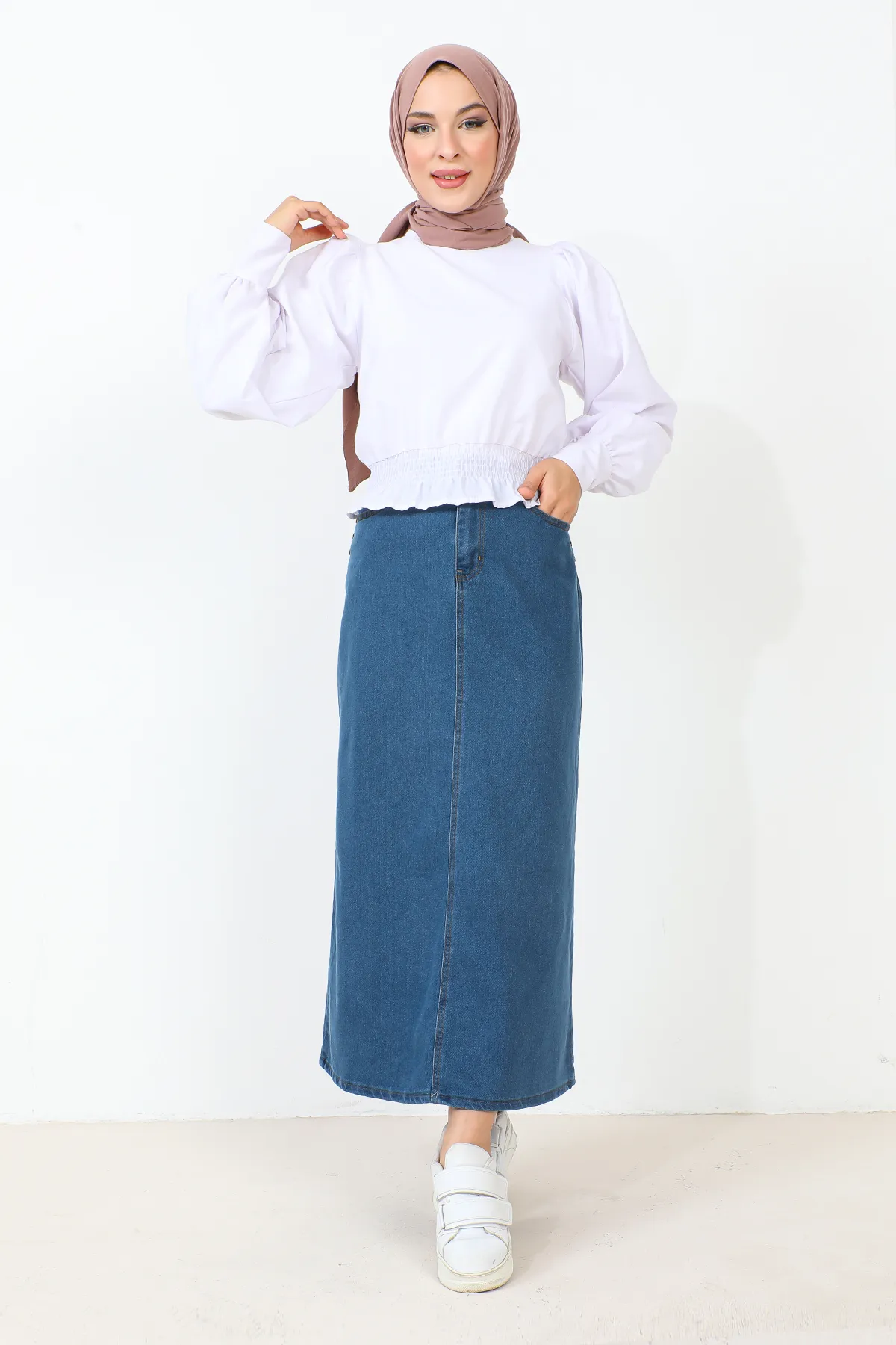 Tesettür Dünyası  Sternendetaillierter Jeansrock TSD231010 Blau