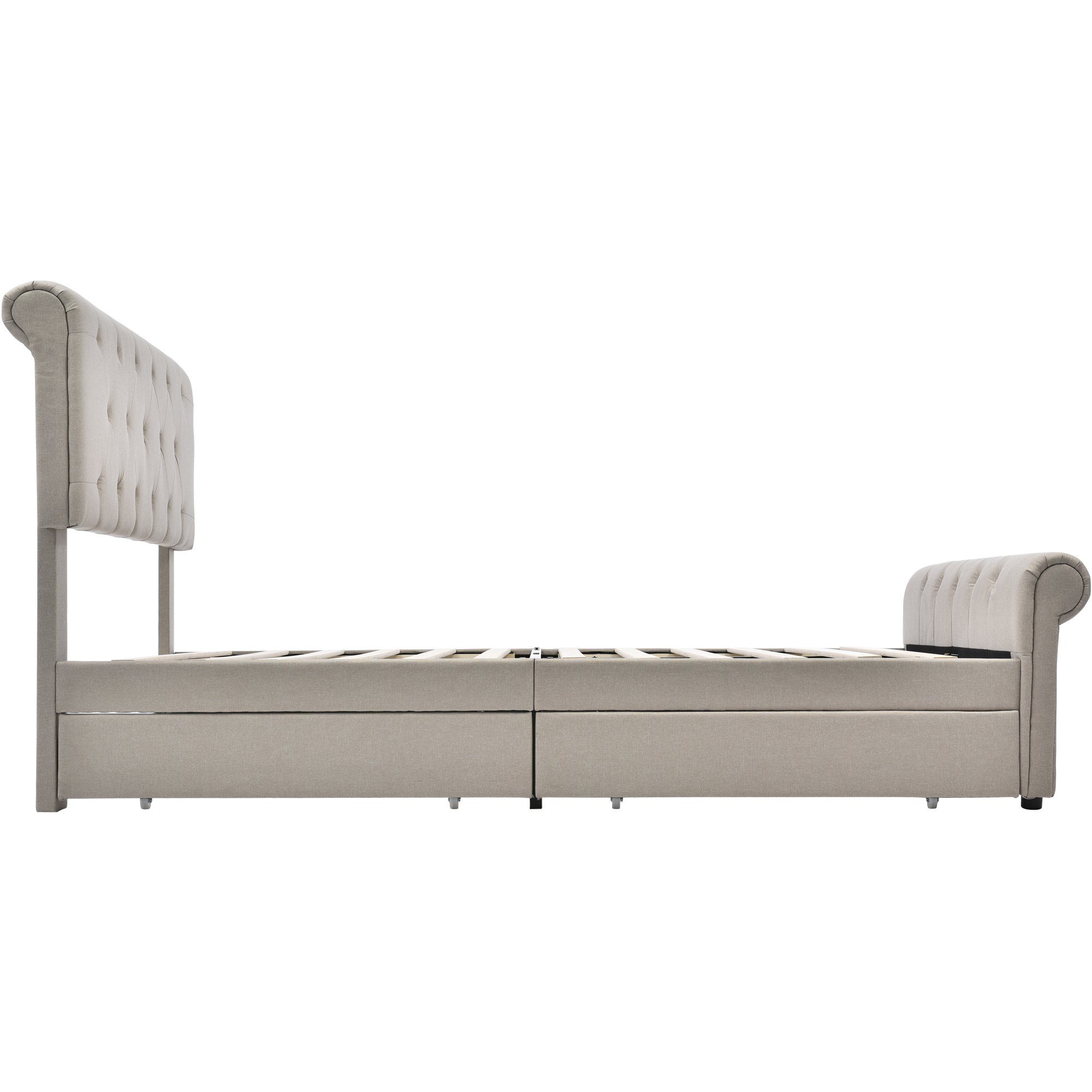 Flieks Polsterbett, Einzelbett Stauraumbett mit 2 Schubladen Leinen 90x200cm