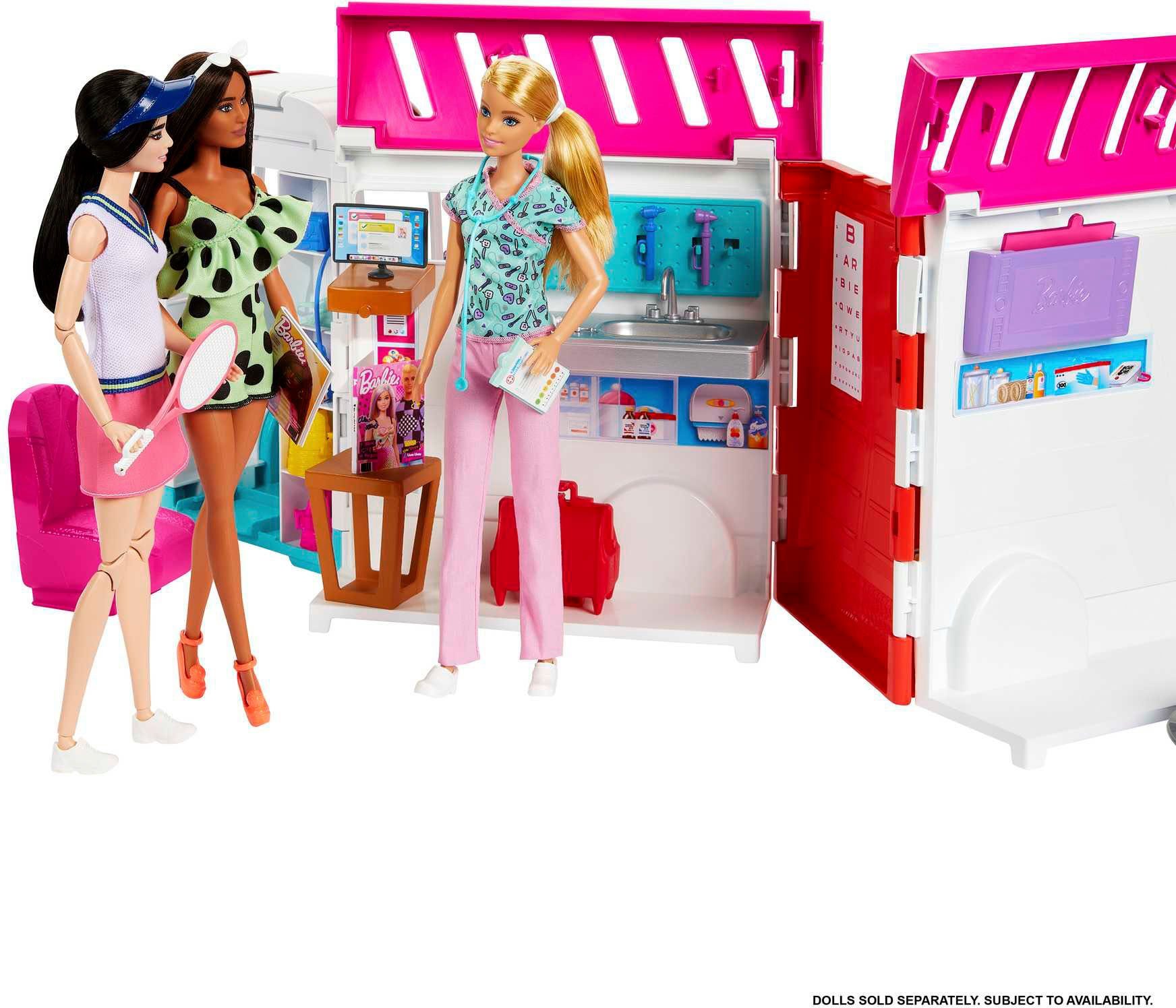 Barbie Puppen Fahrzeug Krankenwagen 2-in-1 Spielset, mit Licht und Geräuschen