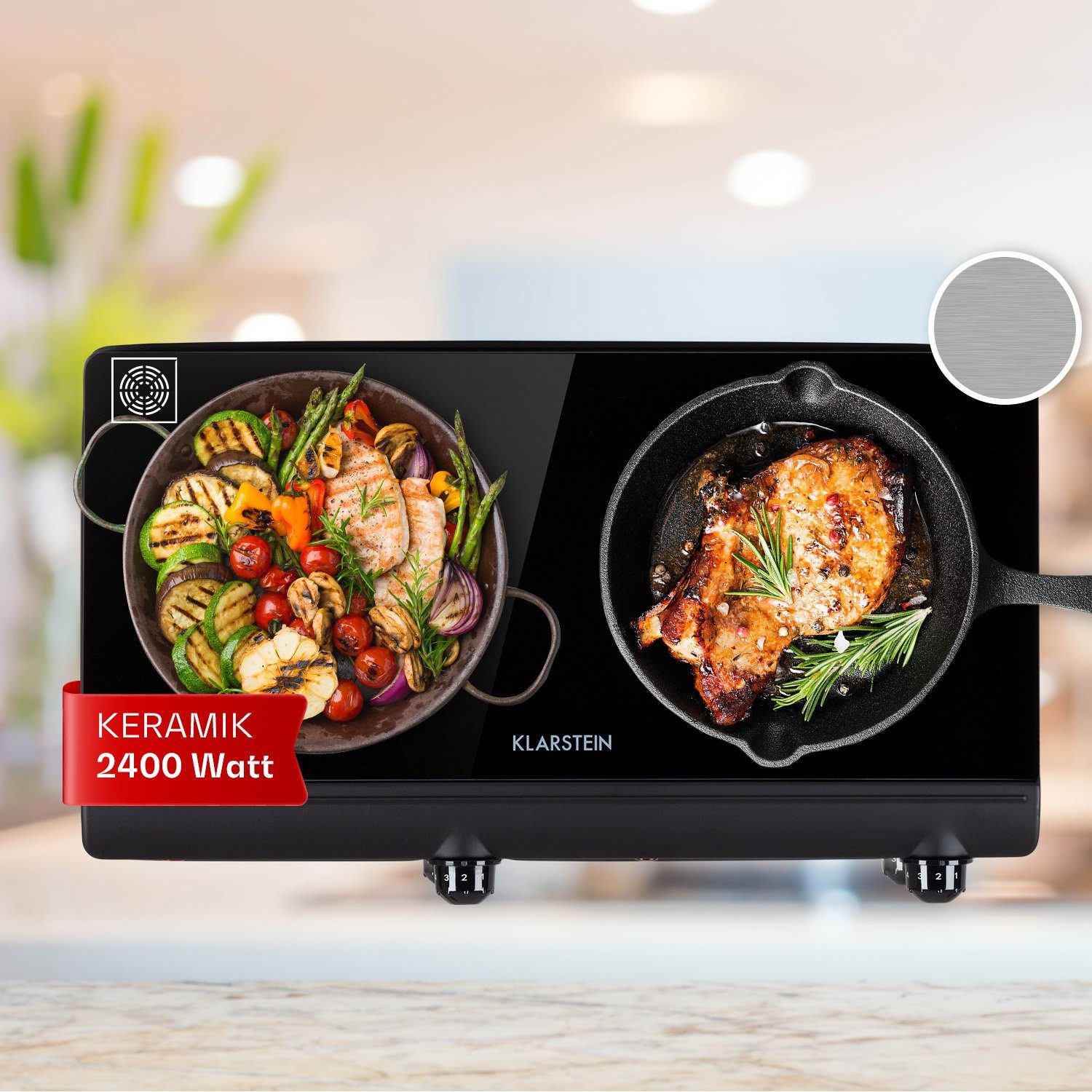 Klarstein Induktions-Kochfeld Cookbuddy Doppel-Kochfeld 2400W 5 Leistungsstufen Glaskeramik CP10-CookBuddy-BK, Kochfeld 2 Zonen Glaskeramik Elektrokochfeld