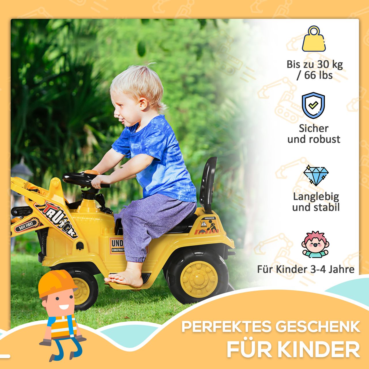 HOMCOM Sitzbagger Aufsitzbagger mit Schaufel, Hupe, für Kinder 3-4 Jahre