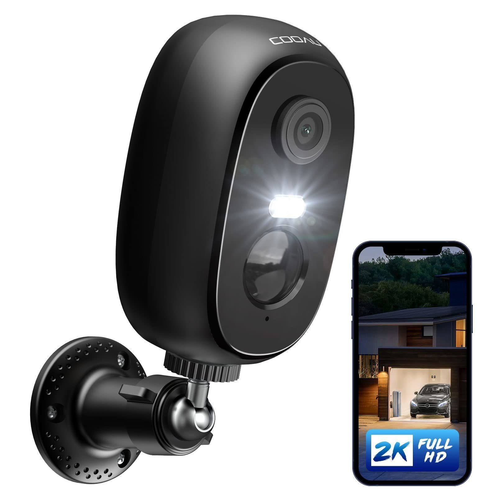 COOAU Upgraded 2K Kabellos WLAN Überwachungskamera Akku Wiederaufladbare Überwachungskamera (Aussen Außen Außenbereic Innenbereich, 2-Wege-Audio,Bereichserkennung,Datenschutzverwaltung,Familien Teilen, SD/Cloud Speicher,lP65 Wasserdicht,Audio Lichtal