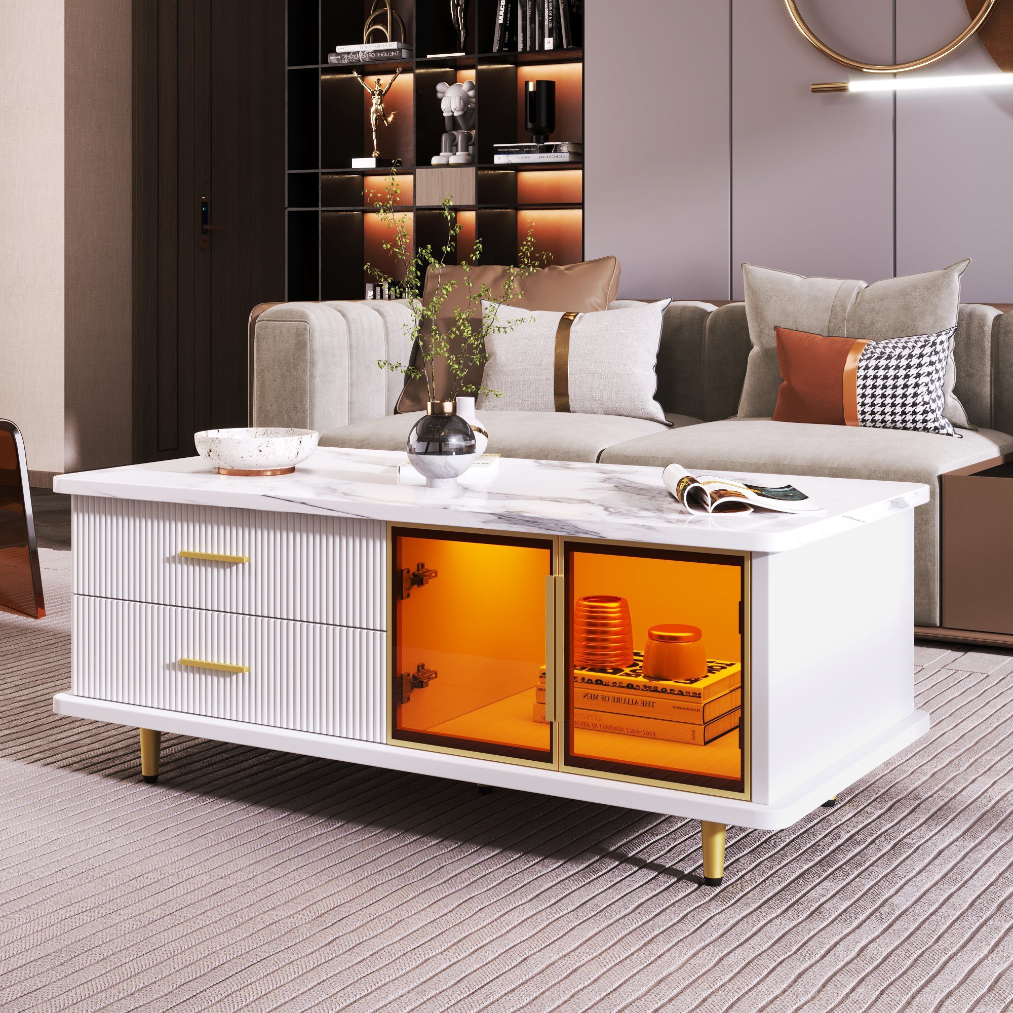 REDOM Wohnwand Couchtisch, TV-Schrank, (Schubladen mit Wellenstruktur, goldene Griffe und Beine, 2-St., Tür aus gehärtetem Glas,Rahmen aus Aluminiumlegierung), Enthält einen Couchtisch und einen Fernsehschrank.