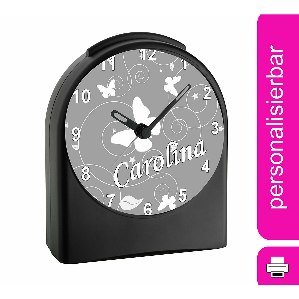 Kinder Funkwecker personalisiert mit Namen Schmetterling Ornamente Atom-/Funkuhr, 12-Stunden-Anzeigeformat, Schlummerfunktion, Nachtlicht, Geräuschlos/Ohne Ticken