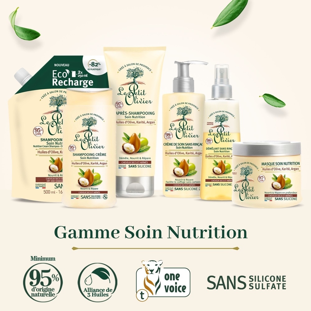 le petit olivier Shampooing Crème Soin Nutrition Huiles d'Olive, Karité, Argan Shampooing - Cheveux Secs ou Abîmés