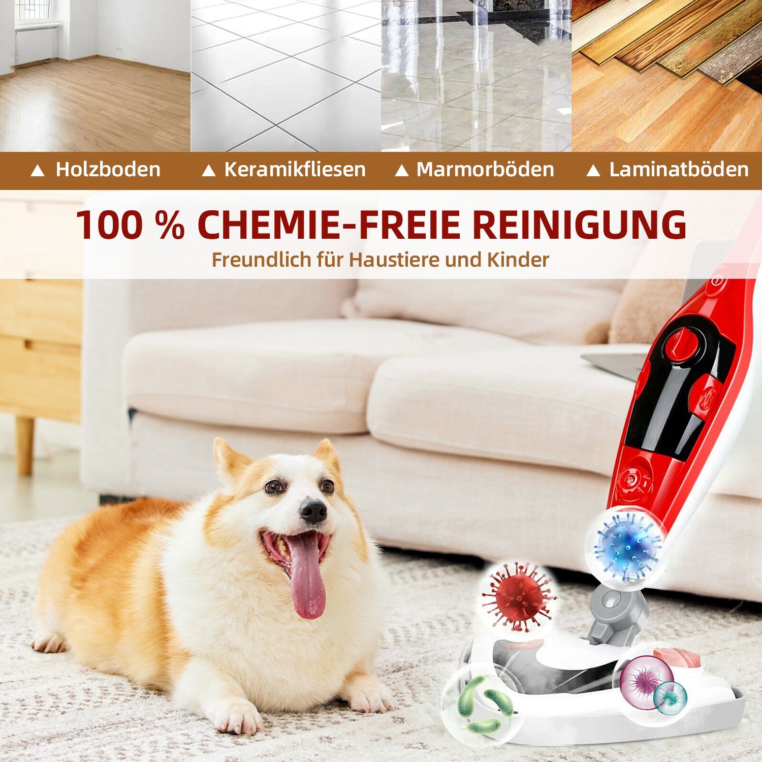*Aiibot Dampfreiniger Dampfwischer, Dampfbesen, 1500,00 W, inkl. 2x Mikrofaser-Tuch, Mit 12 Zubehörteilen und 350-ml-Wassertank, 25-Sekunden-Schnellaufheizung