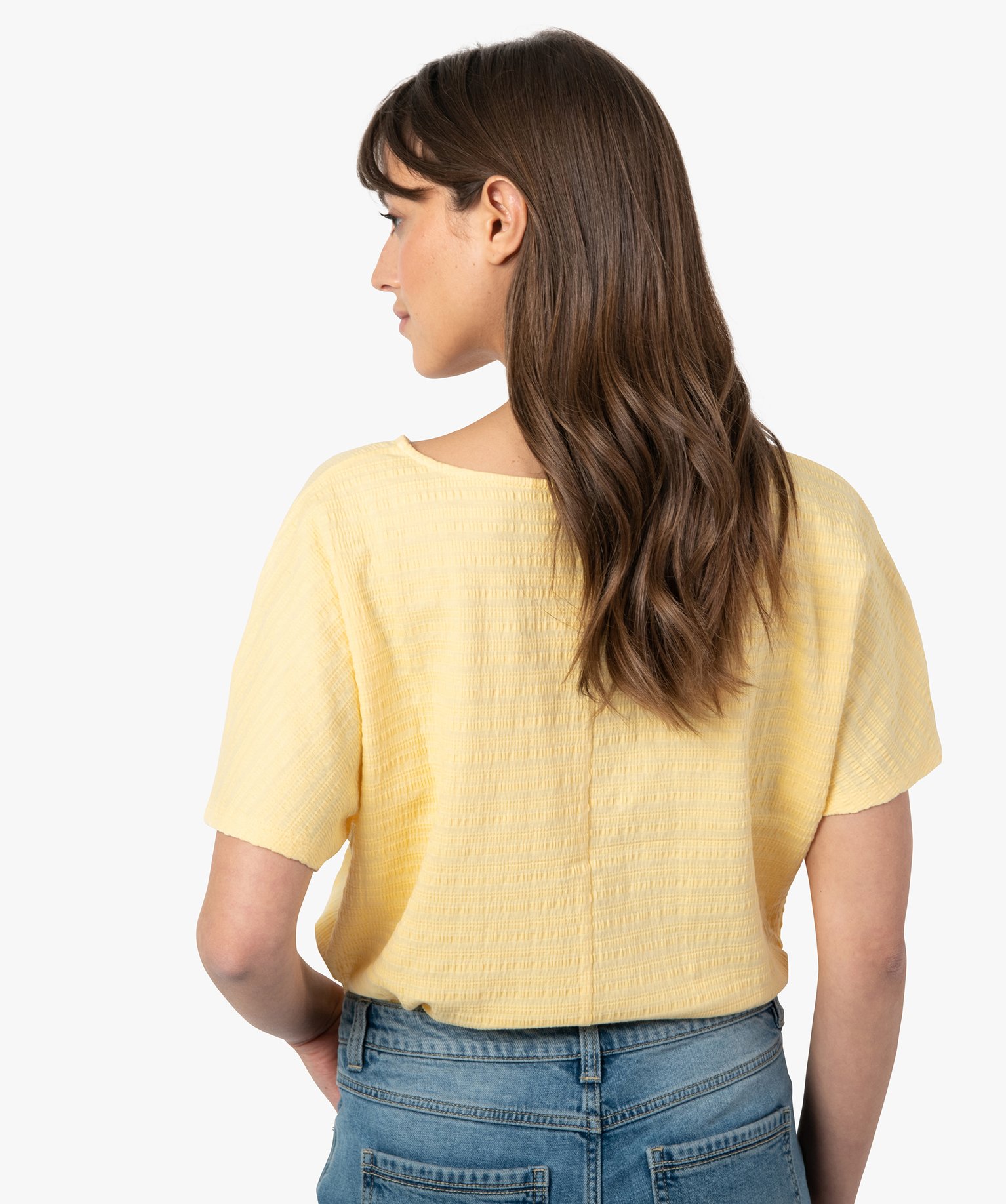 Tee-shirt femme à manches courtes en maille texturée jaune | GEMO