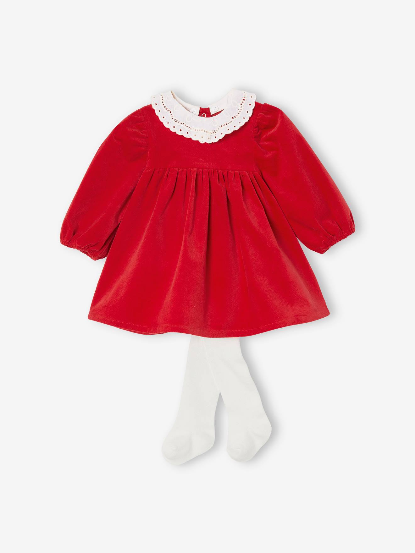 Vertbaudet Baby-Set: Samtkleid & Strumpfhose - rot