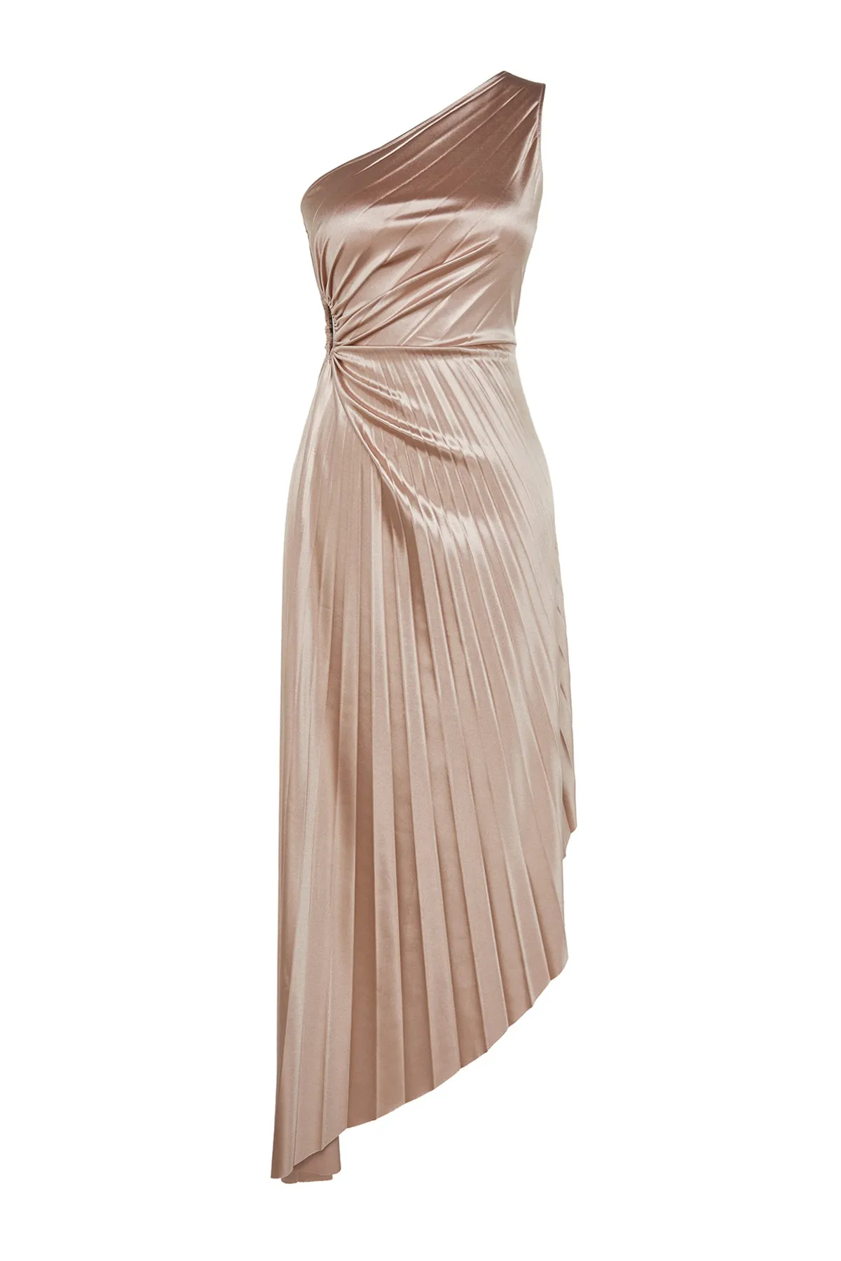 Trendyol Collection  Beigefarbenes asymmetrisches Strick-Abendkleid aus Satin mit Faltendetails Abendkleid/TPRSS23EL00557