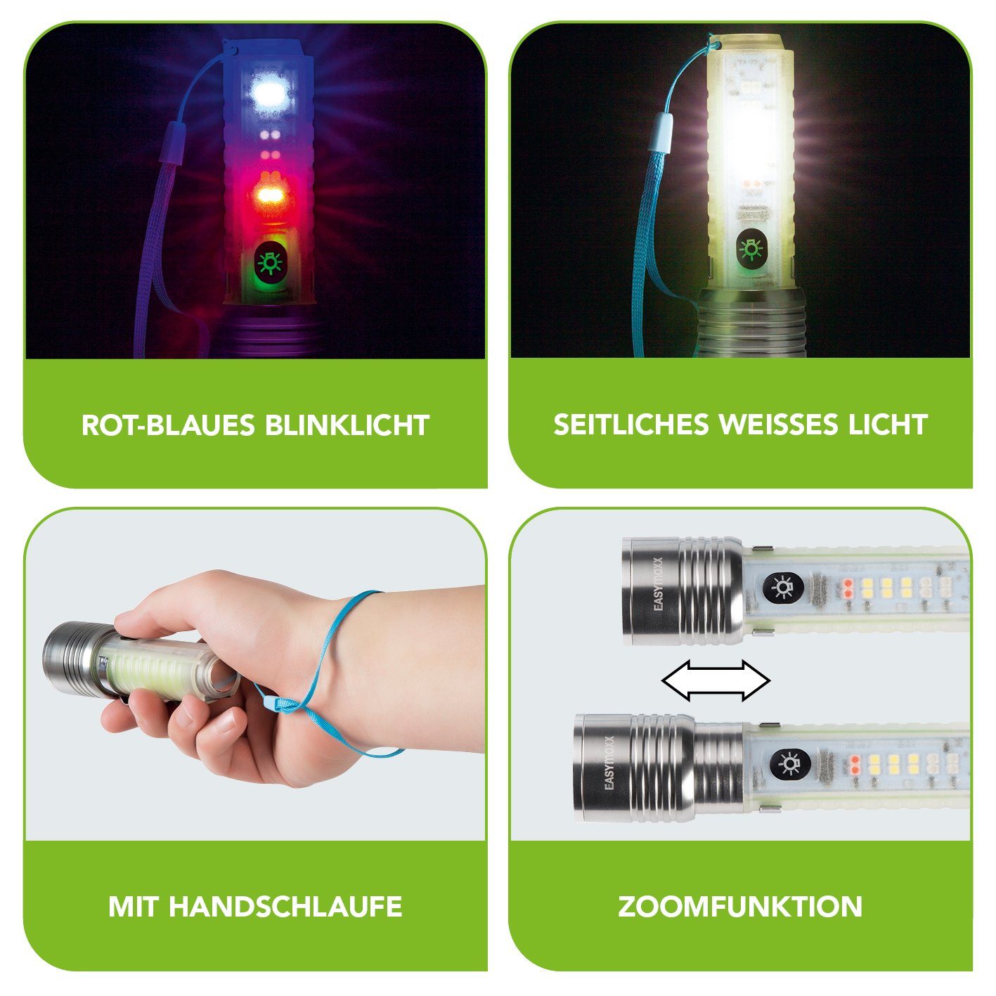 EASYmaxx LED Taschenlampe LED Outdoorgeeignet 5 V transparent/chrom, USB Aufladbar, 8 Leuchtmodi, bis zu 500m Reichweite