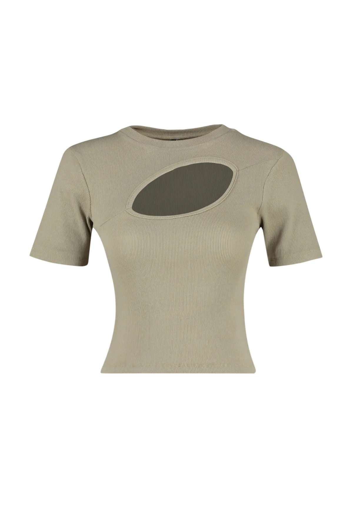 Trendyol Collection  Nerzfarbene, eng anliegende, gerippte, dehnbare Strickbluse mit Rundhalsausschnitt und Ausschnitt TWOSS22BZ0355