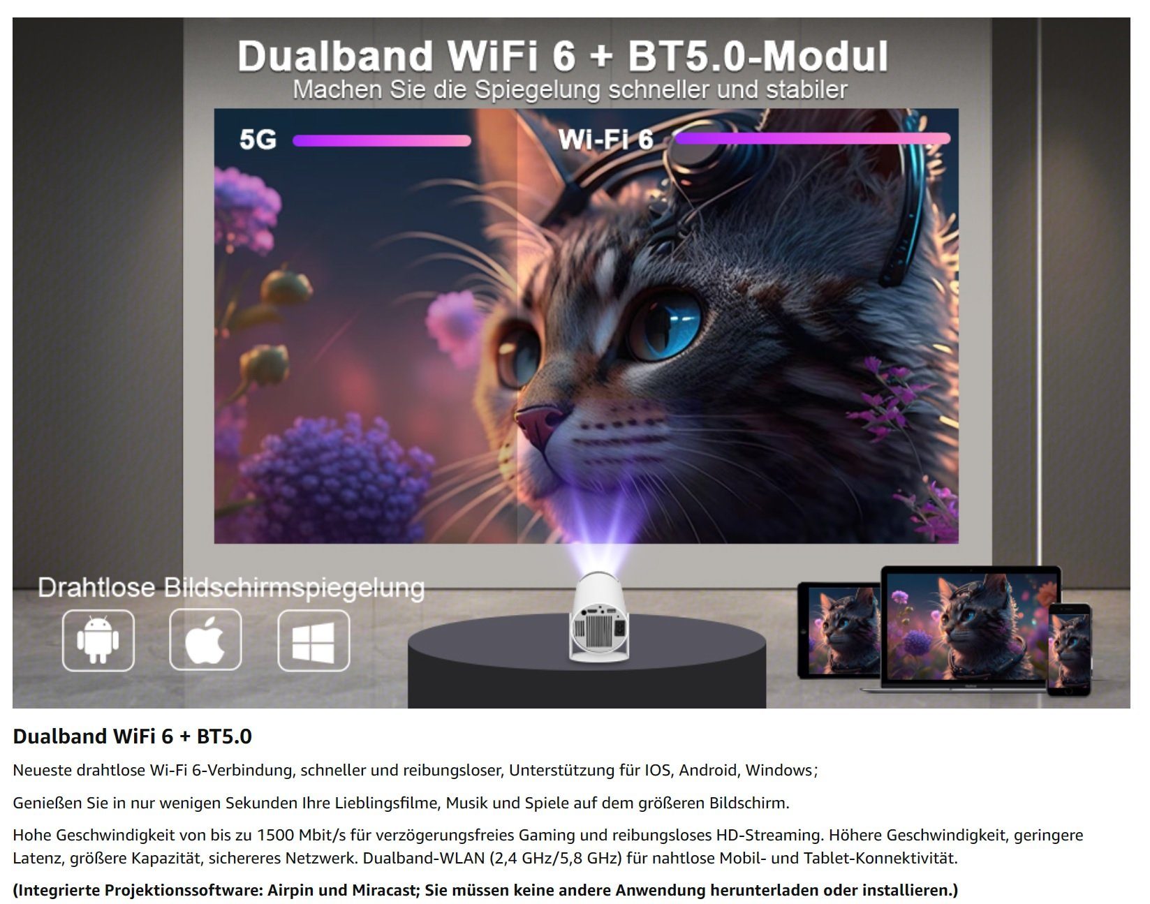 Magcubic Mini Tragbarer Beamer Trapezkorrektur 4K 200 ANSI Smart Projektor WiFi Beamer (10000: 1, ‎1280 x 720 px, 4k Heim Kino Full HD Smart Heimkino Bluetooth Tragbar Mobil Minibeamer)