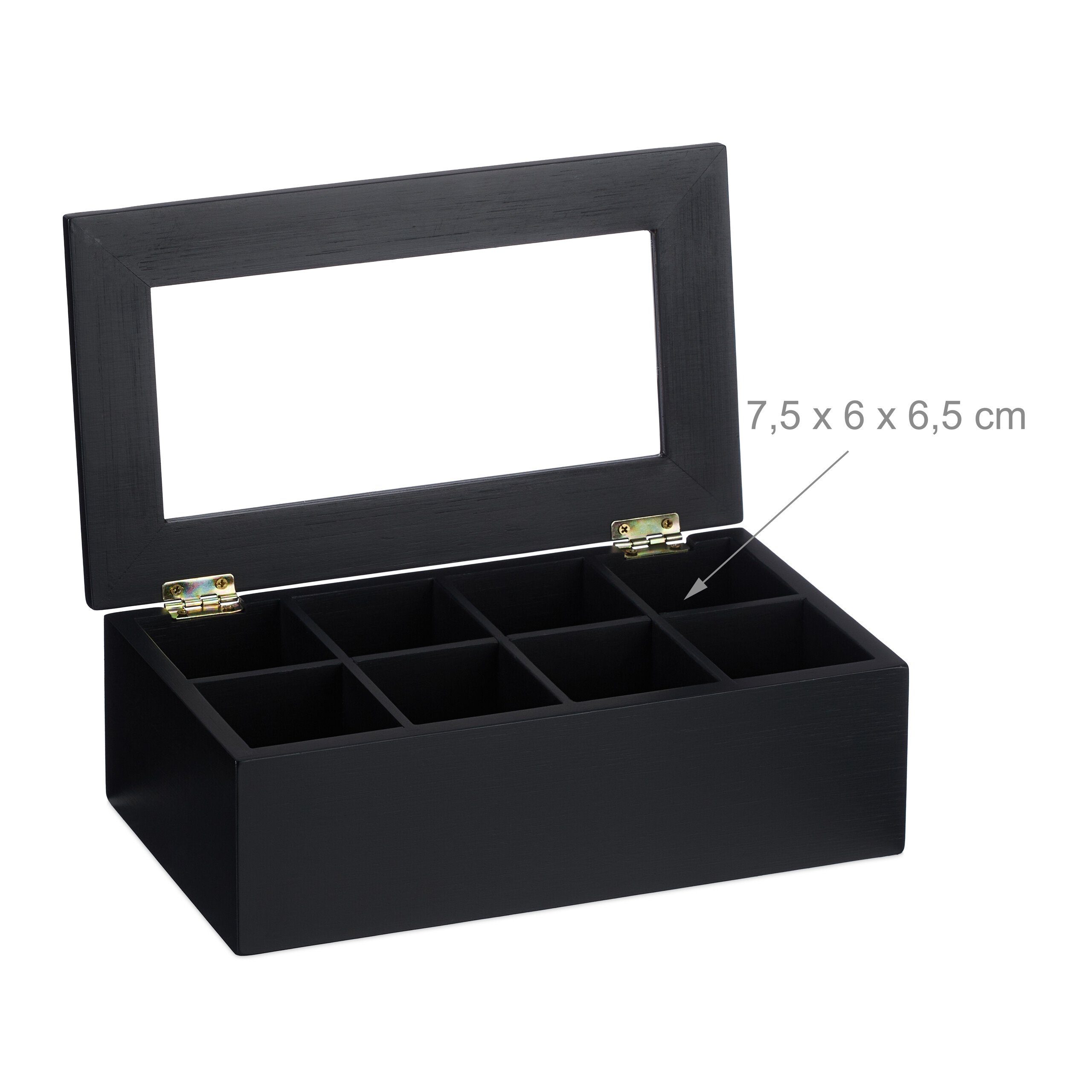 relaxdays Teebox Schwarze Teebox mit 8 Fächern, Bambus