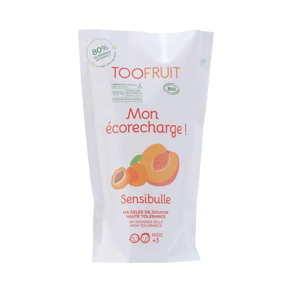 toofruit Sensibulle, gelée de douche haute tolérance BIO - ECORECHARGE  Abricot - Pêche Gelée de douche haute tolérance sans savon ni sulfates