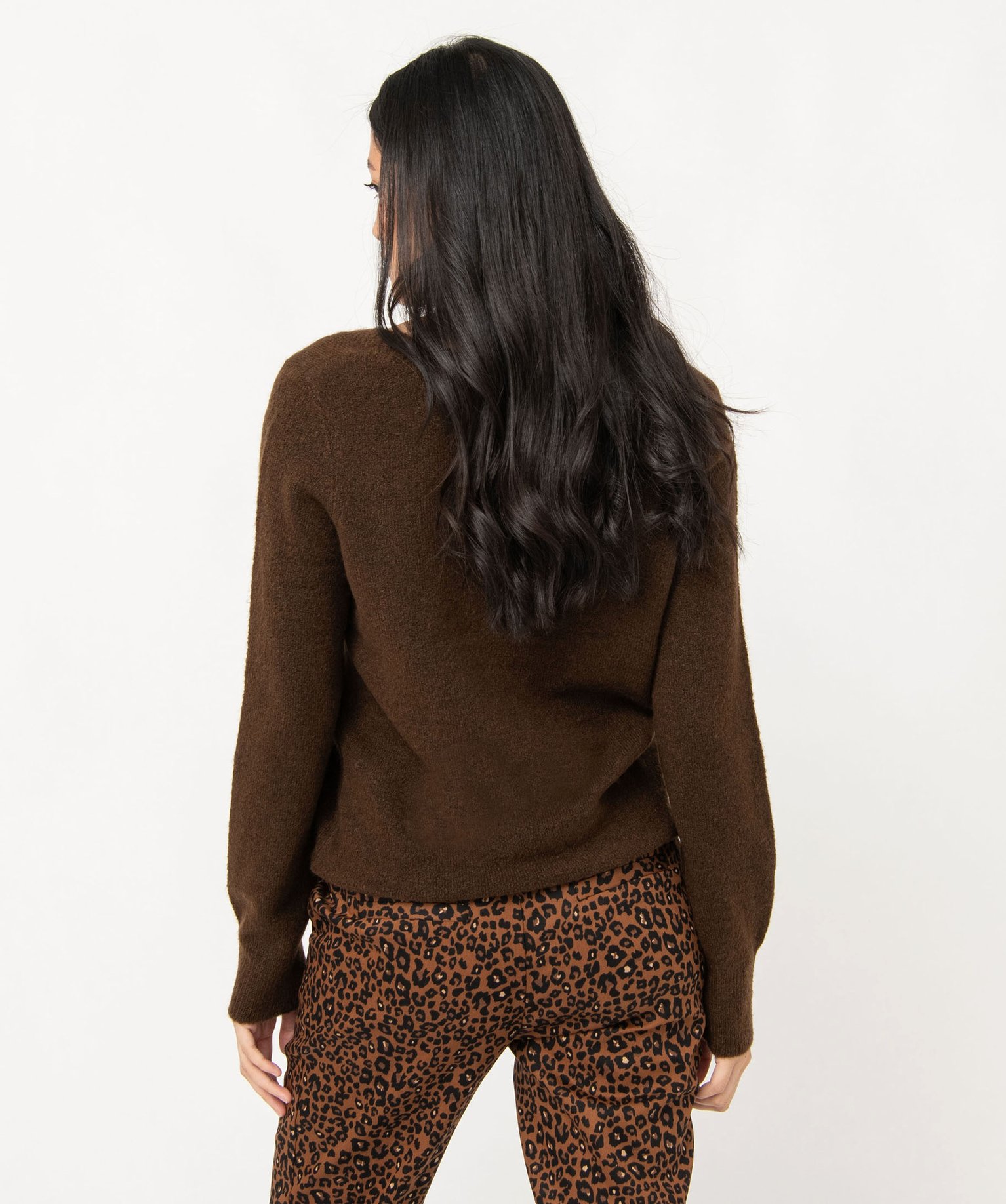 Pull femme à grand col V fantaisie marron | GEMO
