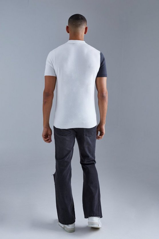 Kurzärmliges Colorblock Strick-Poloshirt mit halbem Reißverschluss
