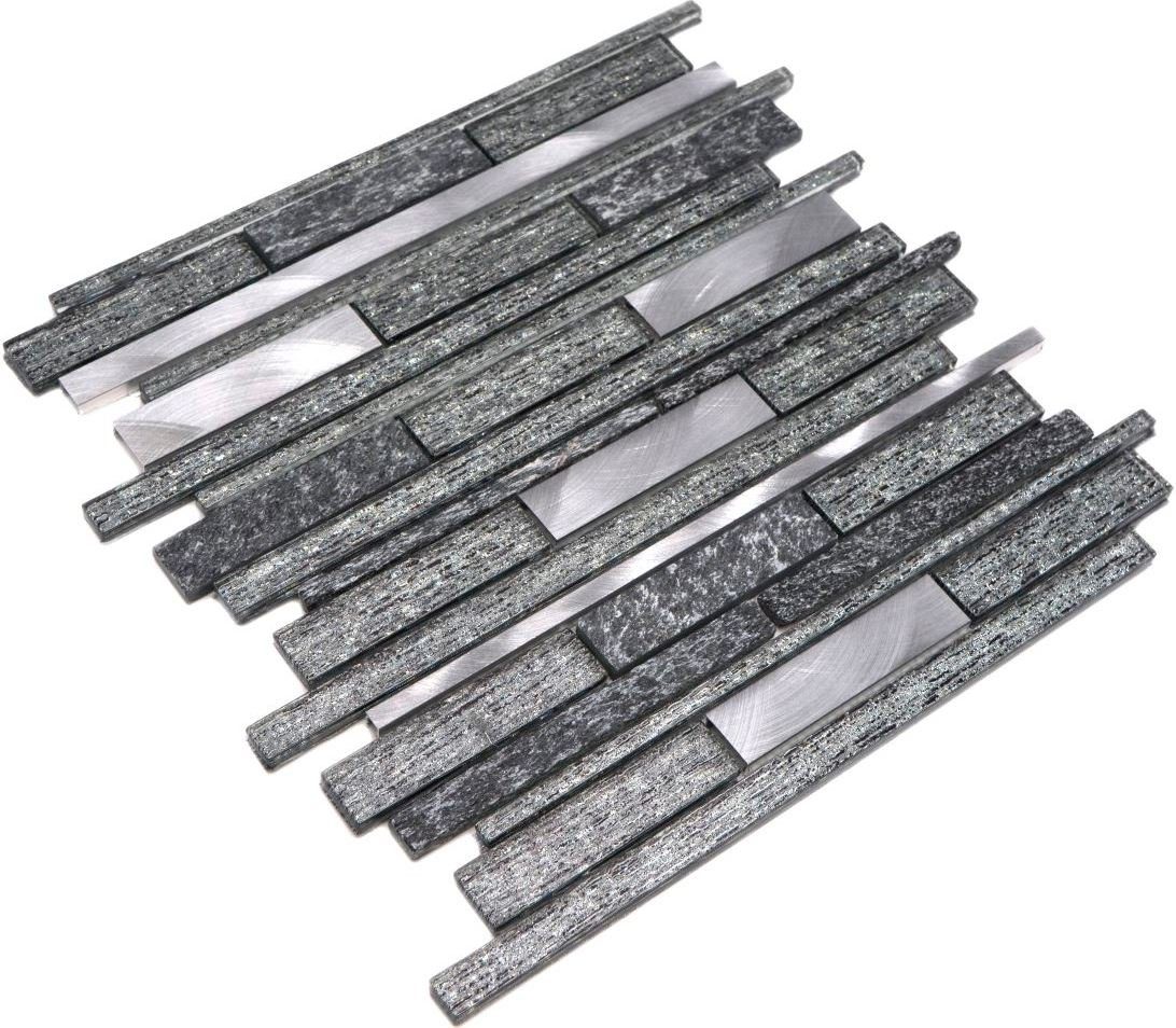 Mosani Mosaikfliesen Glasmosaik Naturstein Alu Mosaik schwarz glänzend / 10 Matten