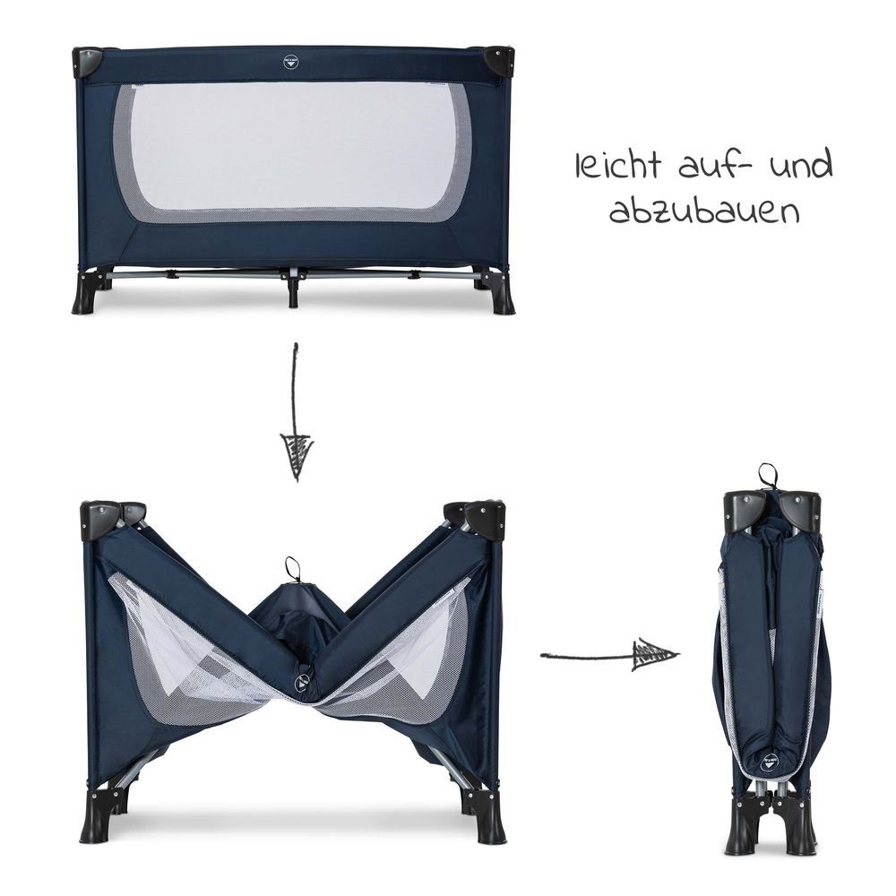 Hauck Baby-Reisebett Dream'n Play Plus - Navy, Baby Kinder Reisebett mit Matratze, 2 Spannbettlaken & Insektenschutz