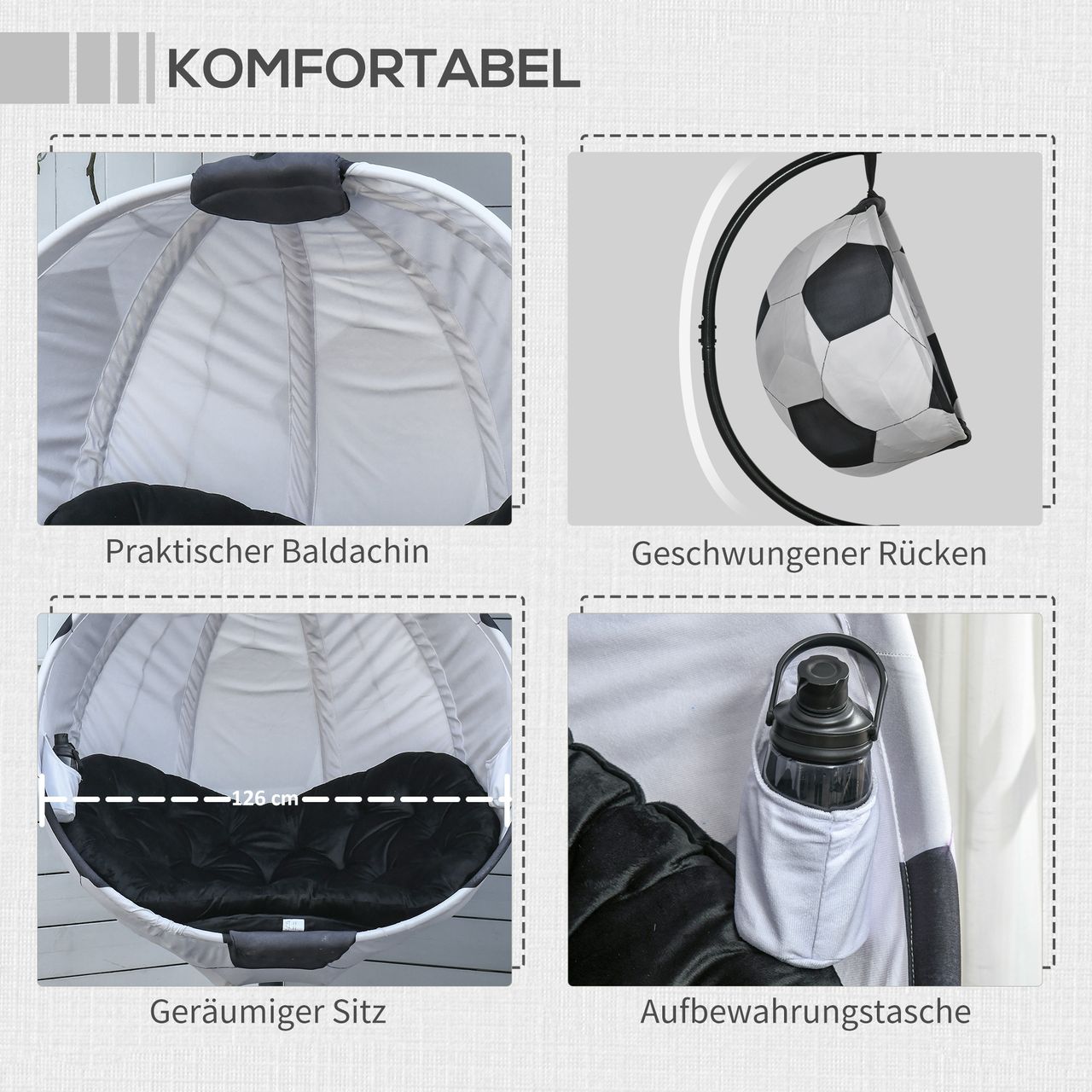 Outsunny Hängesessel Hängekorb mit Gestell Fußballdesign Hängeschaukel Hängestuhl mit Kissen Korb faltbar Stahl