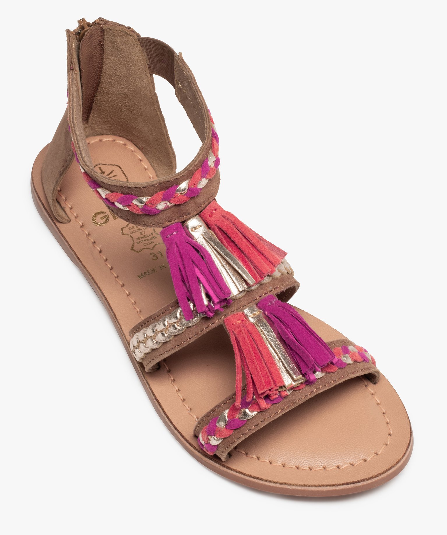 Sandales fille zippées à brides et pompons en cuir marron | GEMO