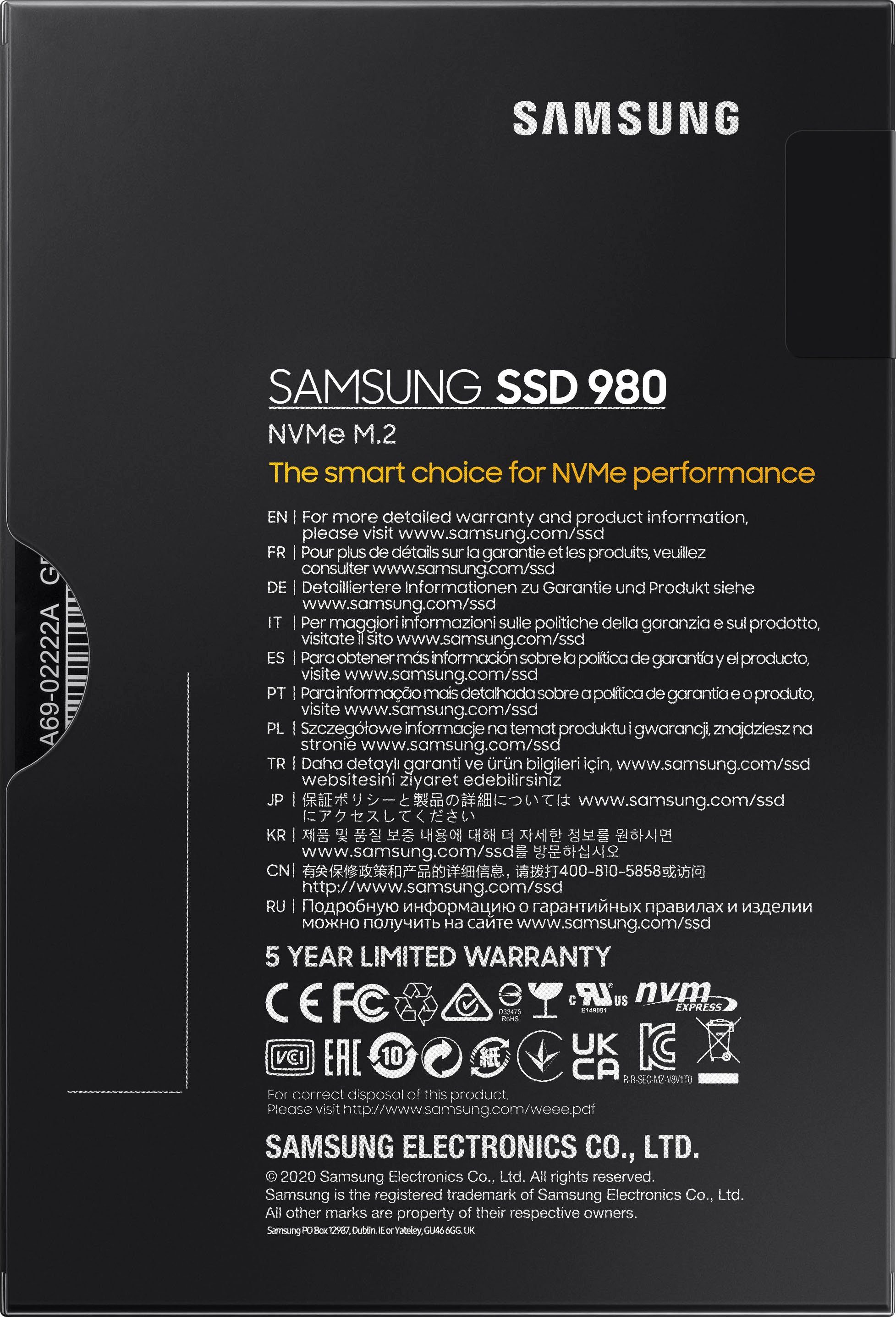 Samsung SSD 980 interne SSD (500 GB) 3100 MB/S Lesegeschwindigkeit, 2600 MB/S Schreibgeschwindigkeit, NVMe