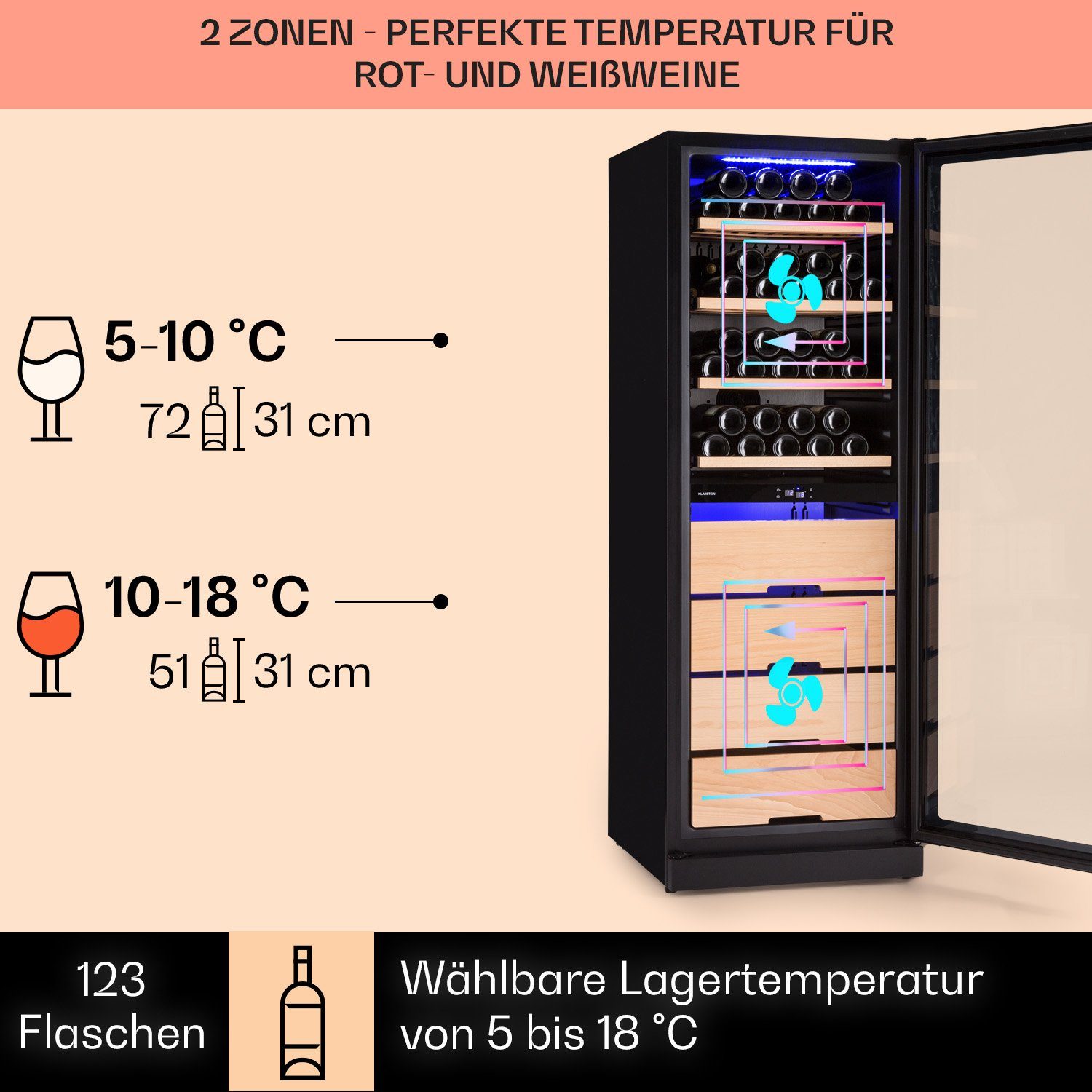 Klarstein Weinkühlschrank Barossa 123 Duo, für 123 Standardflaschen á 0,75l,2 Zonen Wein Flaschenkühlschrank Weintemperierschrank Weinschrank