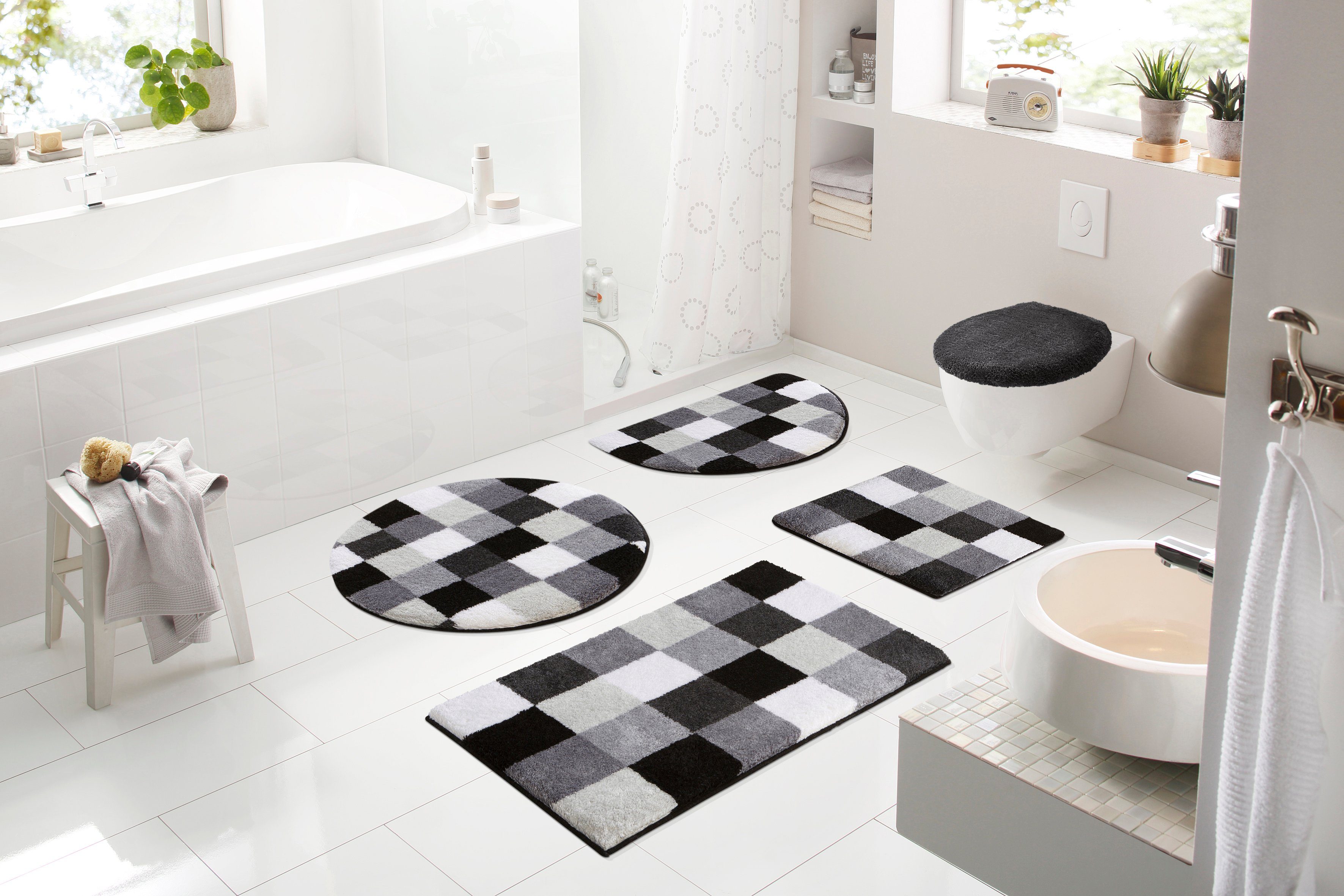 Badematte Mosaik Grund, Höhe 20 mm, rutschhemmend beschichtet, fußbodenheizungsgeeignet, Kunstfaser, rechteckig, angenehm weich, Badematten auch als 3 teiliges Set erhältlich