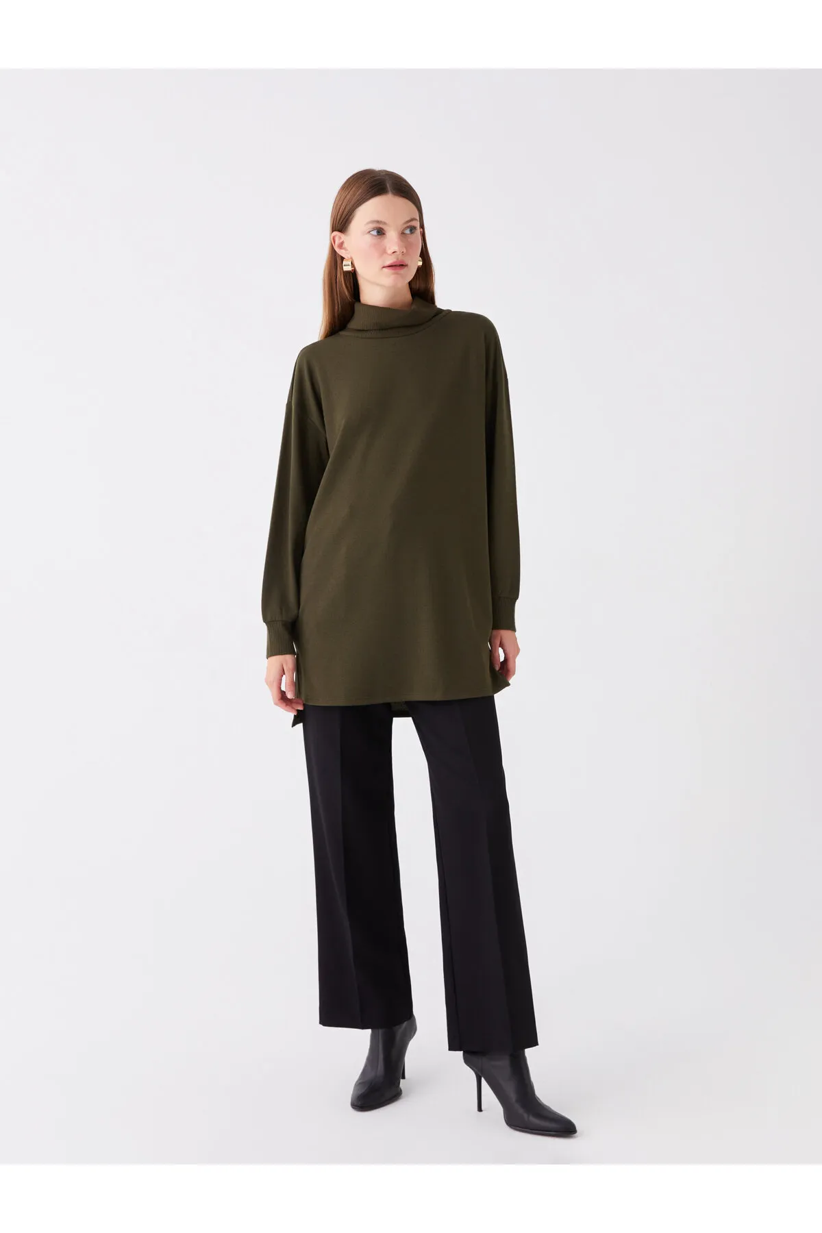 LC Waikiki  Rollkragenpullover, einfarbig, langärmlig, übergroße Damen-Tunika
