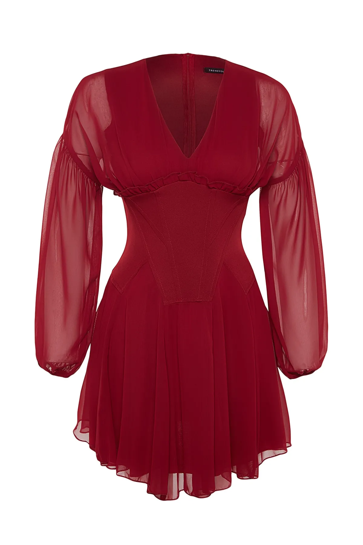 Trendyol Collection  Elegantes Abendkleid aus Burgunderrot mit offener Taille/Skater-Chiffon TPRAW24EL00040