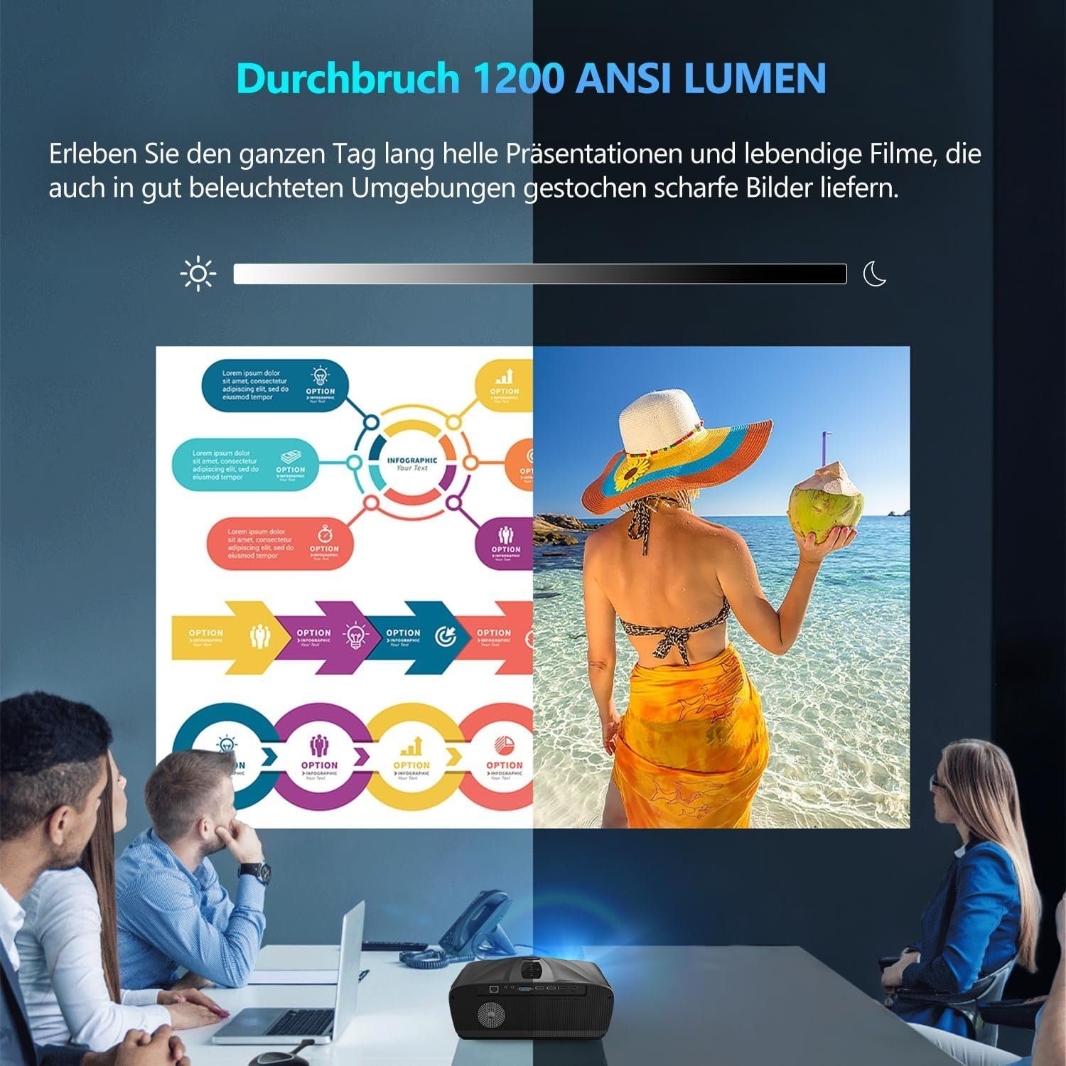 ZCGIOBN 4K Beamer Heimkino WiFi 6 mit AutoFokus/Trapezkorrektur Portabler Projektor (1200 lm, 1920 x 1080 px, Bluetooth Android HDMI USB für TV Stick/iPhone/iPad/Laptop/PS5/DVD/PC)