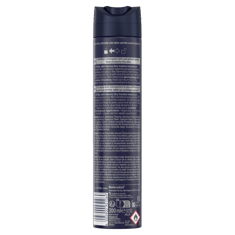 nivea DERMA DRY CONTROL - Déodorant Spray Protection excessive 96h 200ml Déodorant spray DERMA CONTROL 95H Homme