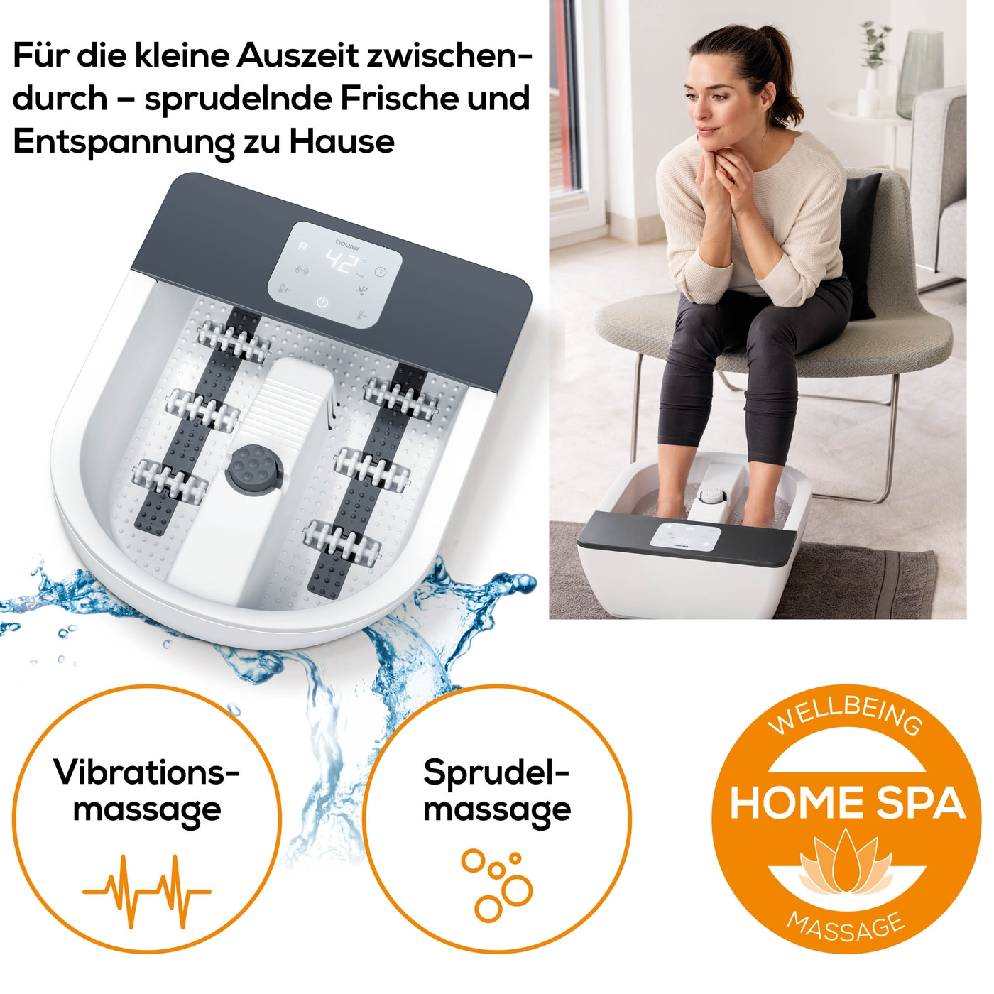 Beurer Fußsprudelbad FB 60-Fußsprudelbad mit Wasserheizung, Sprudelmassage, Vibrationsmassage und 3 Temperaturzonen