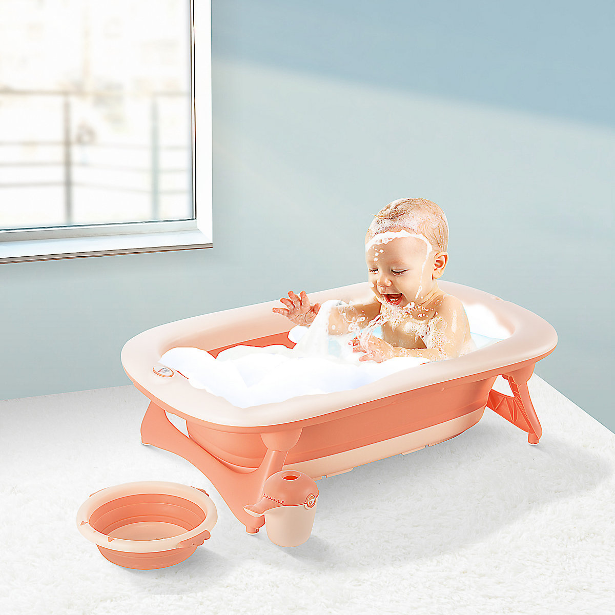 Faltbare Babywanne mit Waschbecken und Shampoobecher