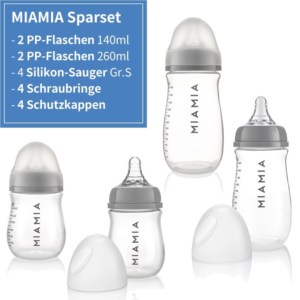 MiaMia Babyflasche PP-Flasche - Grau, 4er Pack Babyflasche 140 ml & 260ml + Silikon-Trinksauger Größe S