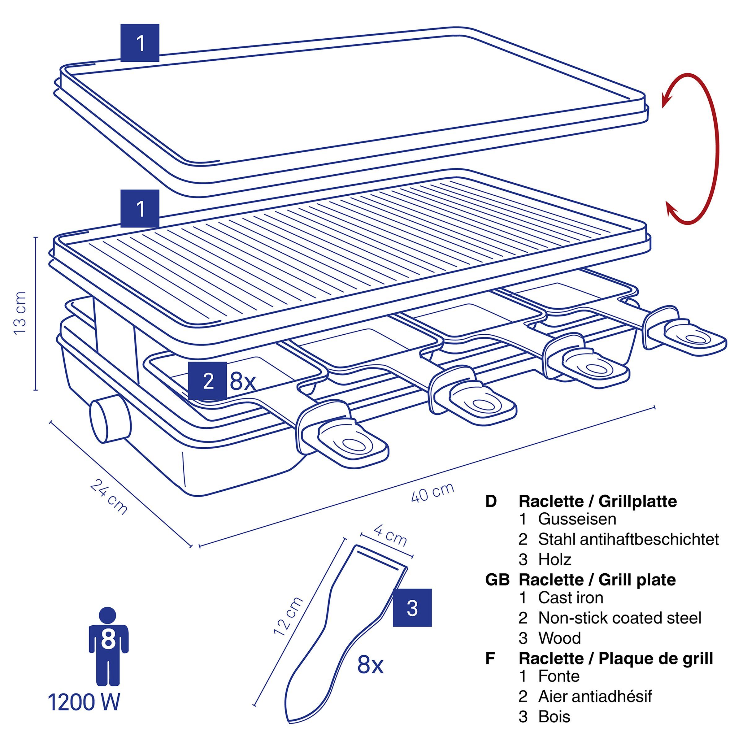 kela Raclette Geneva, 8 Raclettepfännchen, 1200,00 W, 8 Personen, drehbare Grillplatte, stufenlos regulierbar, 2m Kabel