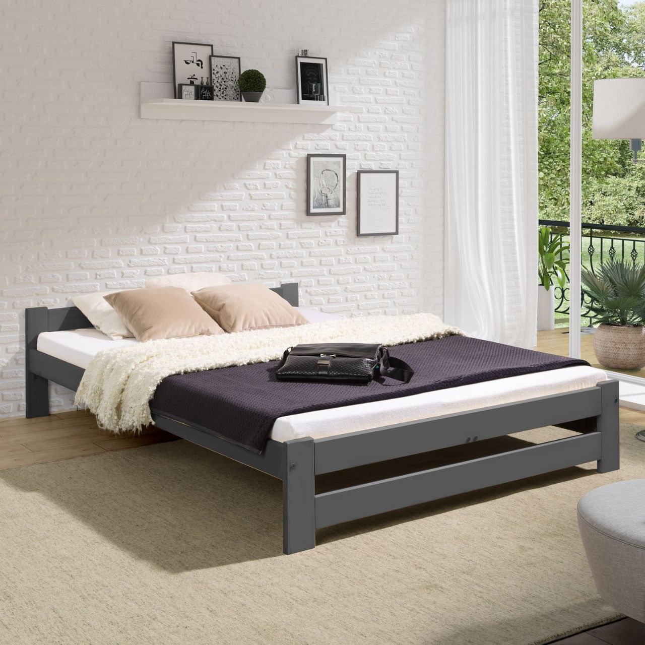 Coemo Bett Classico Holzbett Bettgestell mit Lattenrost Massivholz Kiefer 180 x 200 cm anthrazit