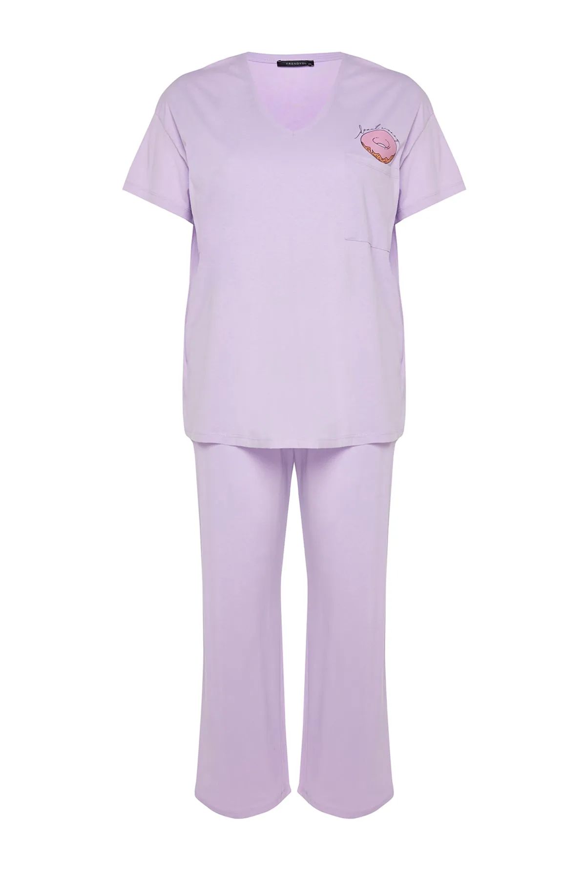 Trendyol Curve  Lila bedrucktes Strick-Pyjama-Set mit Taschendetail TBBAW24AI00004
