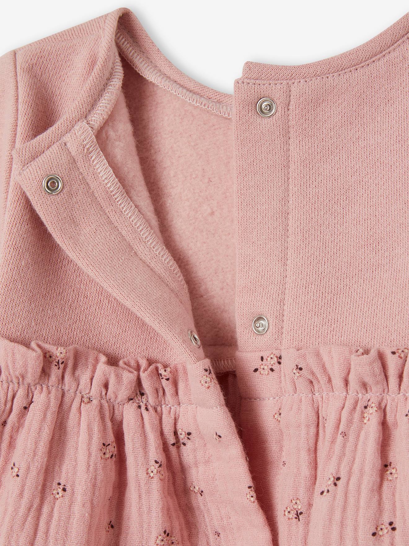Robe bi-matière en molleton bébé rose imprimé