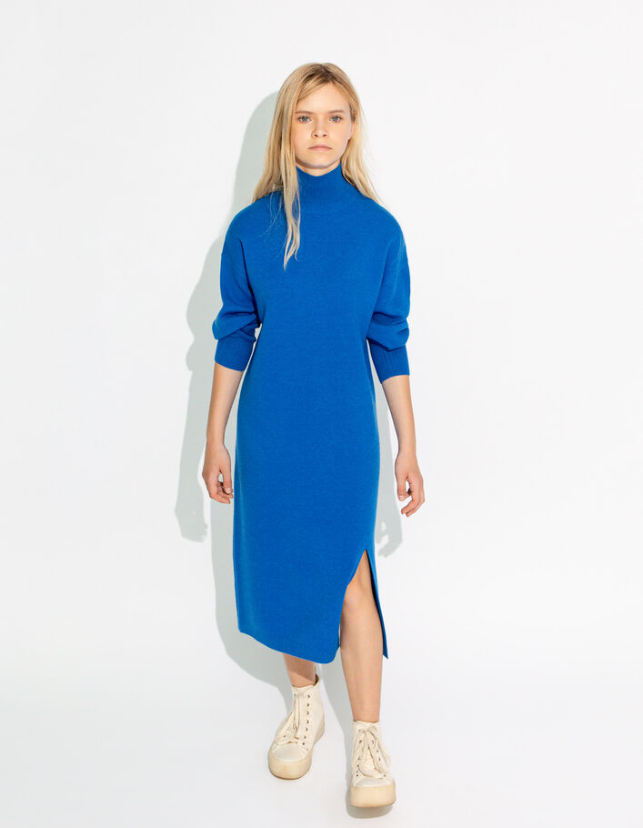 Robe bleue fendue tricot à col montant fille