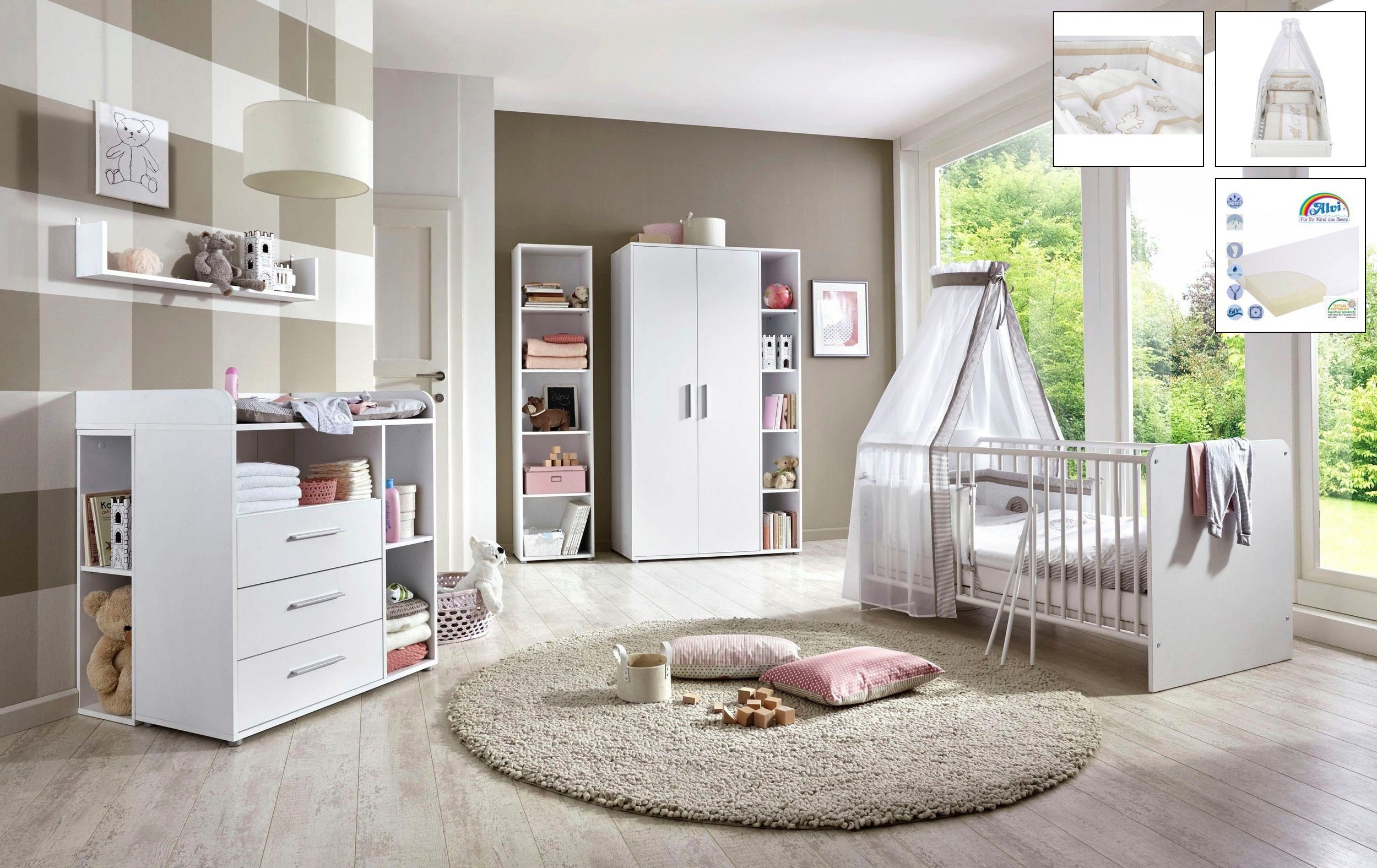 BMG Möbel Babyzimmer-Komplettset Luis, (Set, 11-St., Babybett inkl. Lattenrost und Matratze, Wickelkommode etc), Bett + Wickelkommode + 2-trg. Schrank + Standregal etc.